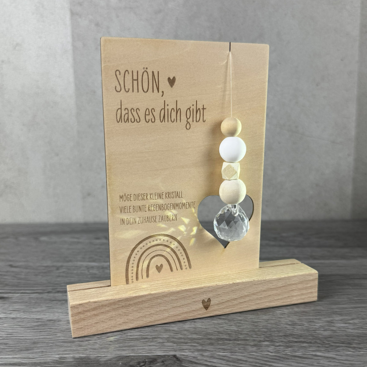 Holzkarte mit Kristall „Schön, dass es dich gibt“ – Geschenk mit optionalem Kartenhalter