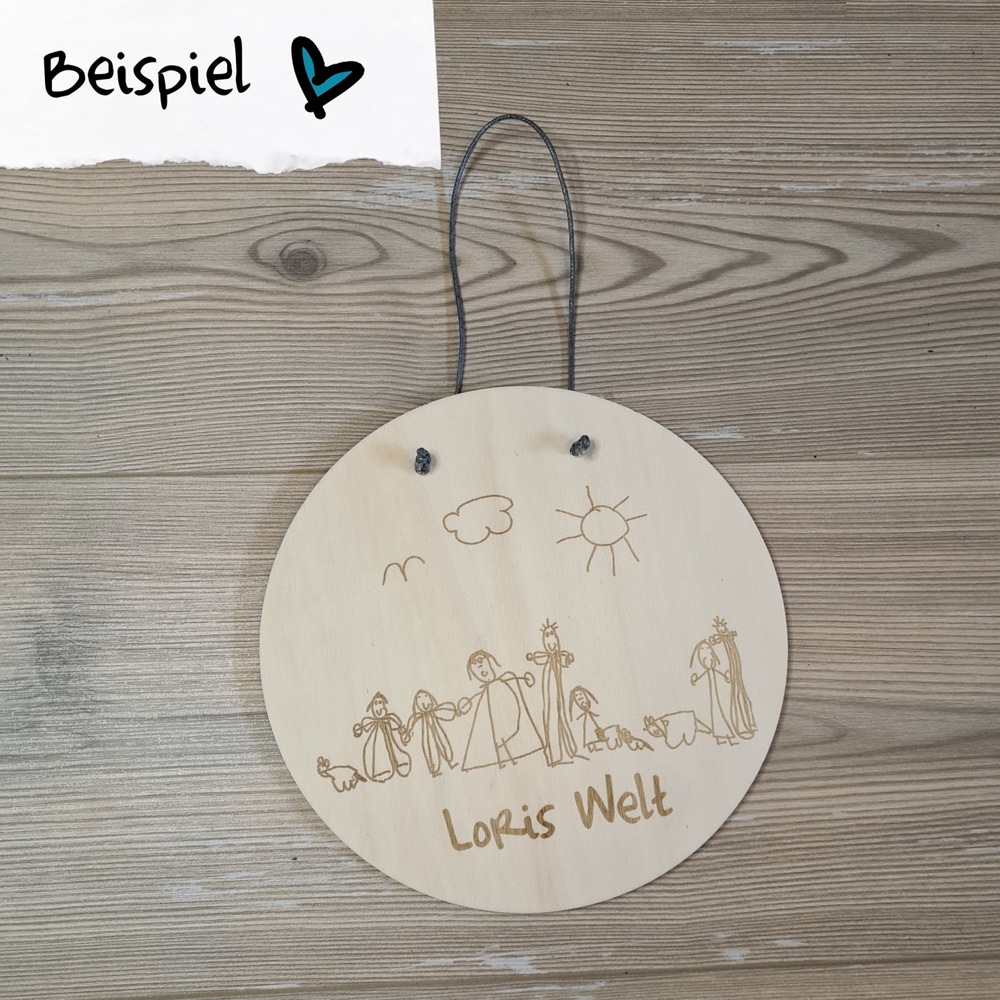 Holzschild Kinderkunstwerk, D: 20 cm - Kinderzeichnung im Original graviert - Deisterwerke