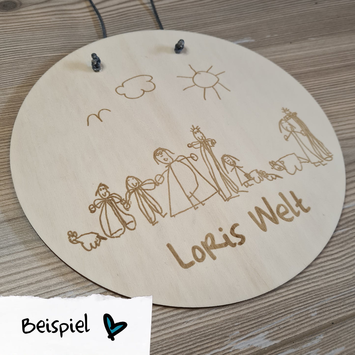 Holzschild Kinderkunstwerk, D: 20 cm - Kinderzeichnung im Original graviert - Deisterwerke
