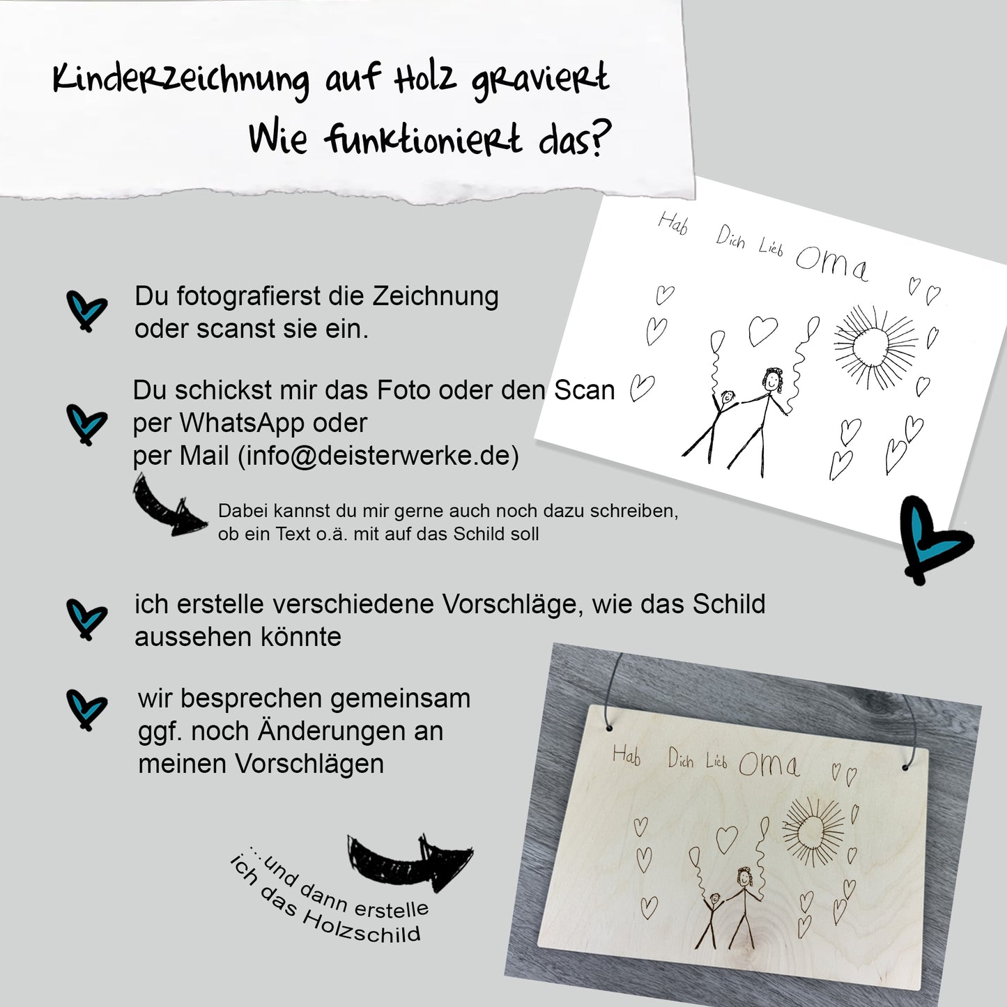 Holzschild Kinderkunstwerk Querformat- Kinderzeichnung im Original graviert - Deisterwerke