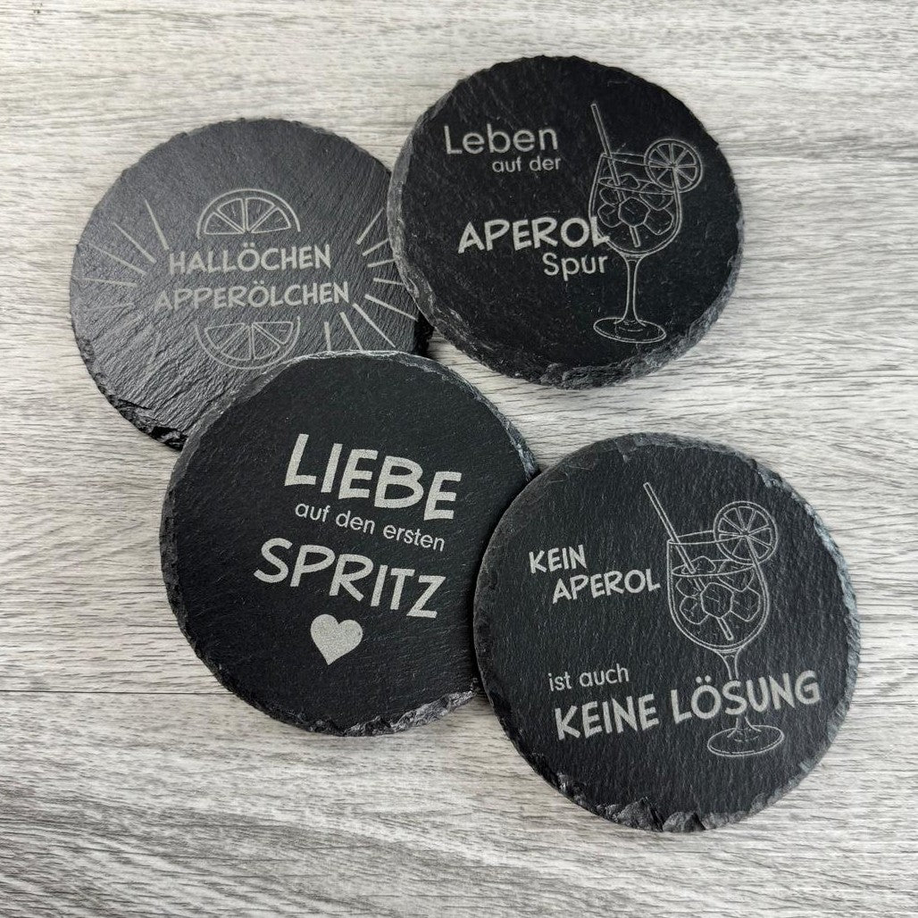 4er Set Aperol-Sprüche auf Schieferuntersetzern - Hallöchen Aperölchen, Liebe auf den ersten Spritz, Leben auf der Aperol-Spur, kein Aperol ist auch keine Lösung