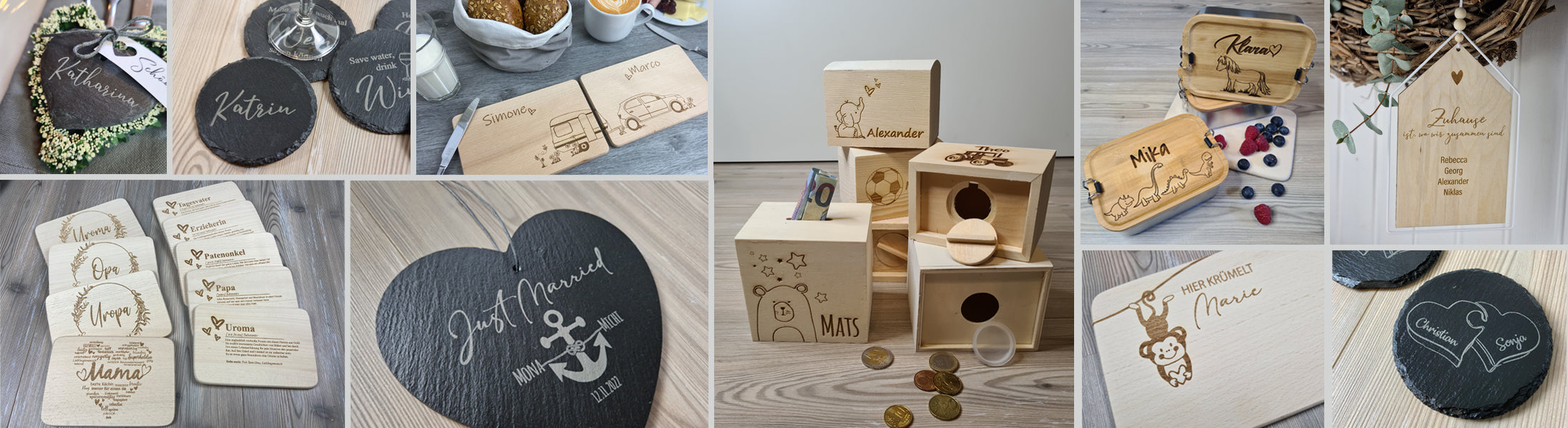 Individuelle Gravuren, personalisierte Artikel, Name, Wunschname, Geschenkideen, einzigartige Geschenke, Frühstücksbrettchen, Spardosen, Schieferherz, Untersetzer, Schild, Dekoration, Hochzeit, Brotdosen
