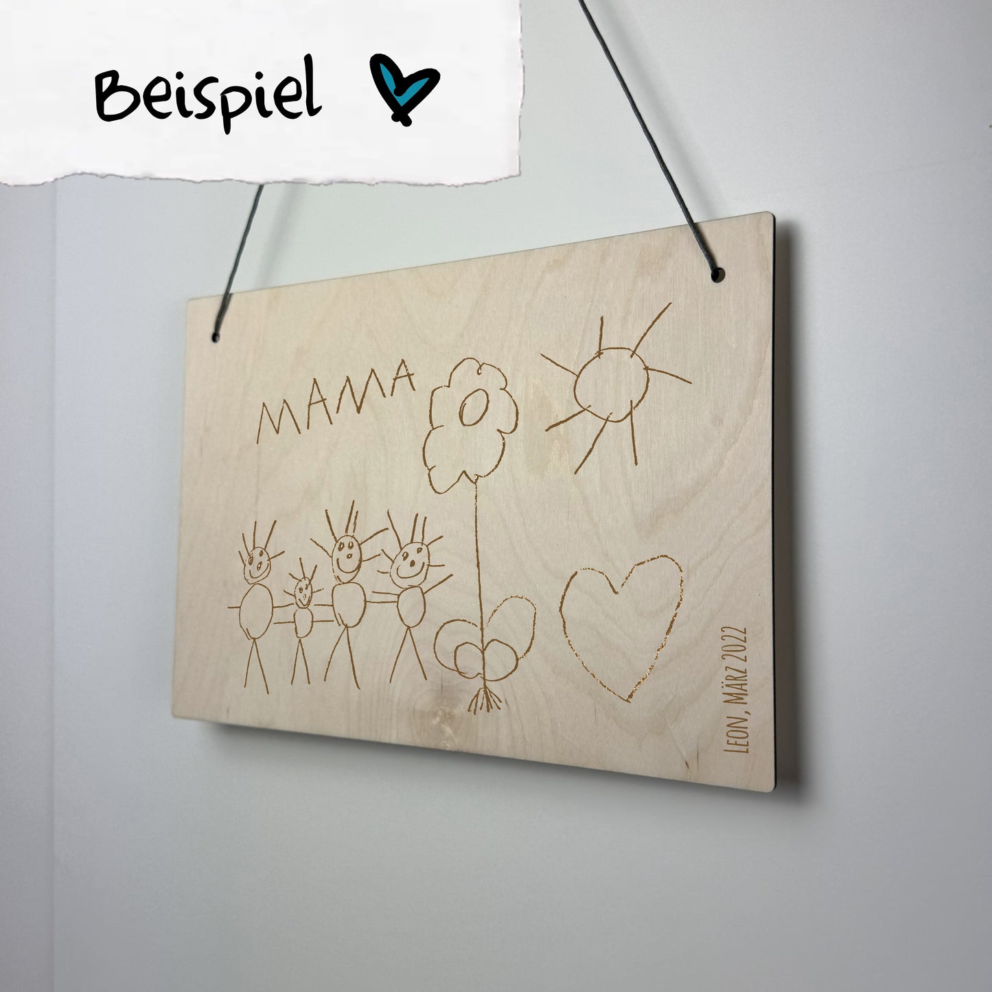 Holzschild Kinderkunstwerk Querformat- Kinderzeichnung im Original graviert - Deisterwerke