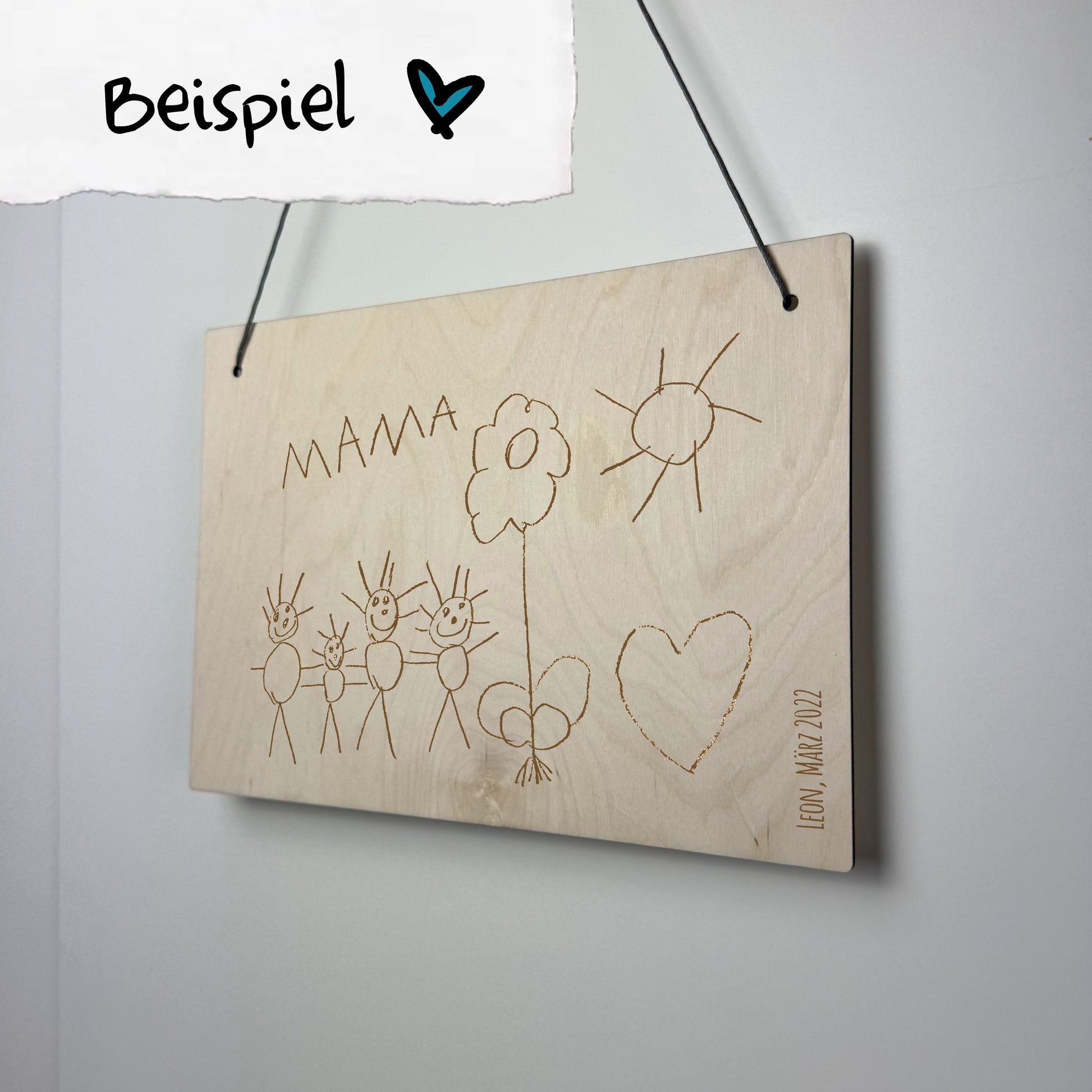 Holzschild Kinderkunstwerk Querformat- Kinderzeichnung im Original graviert - Deisterwerke