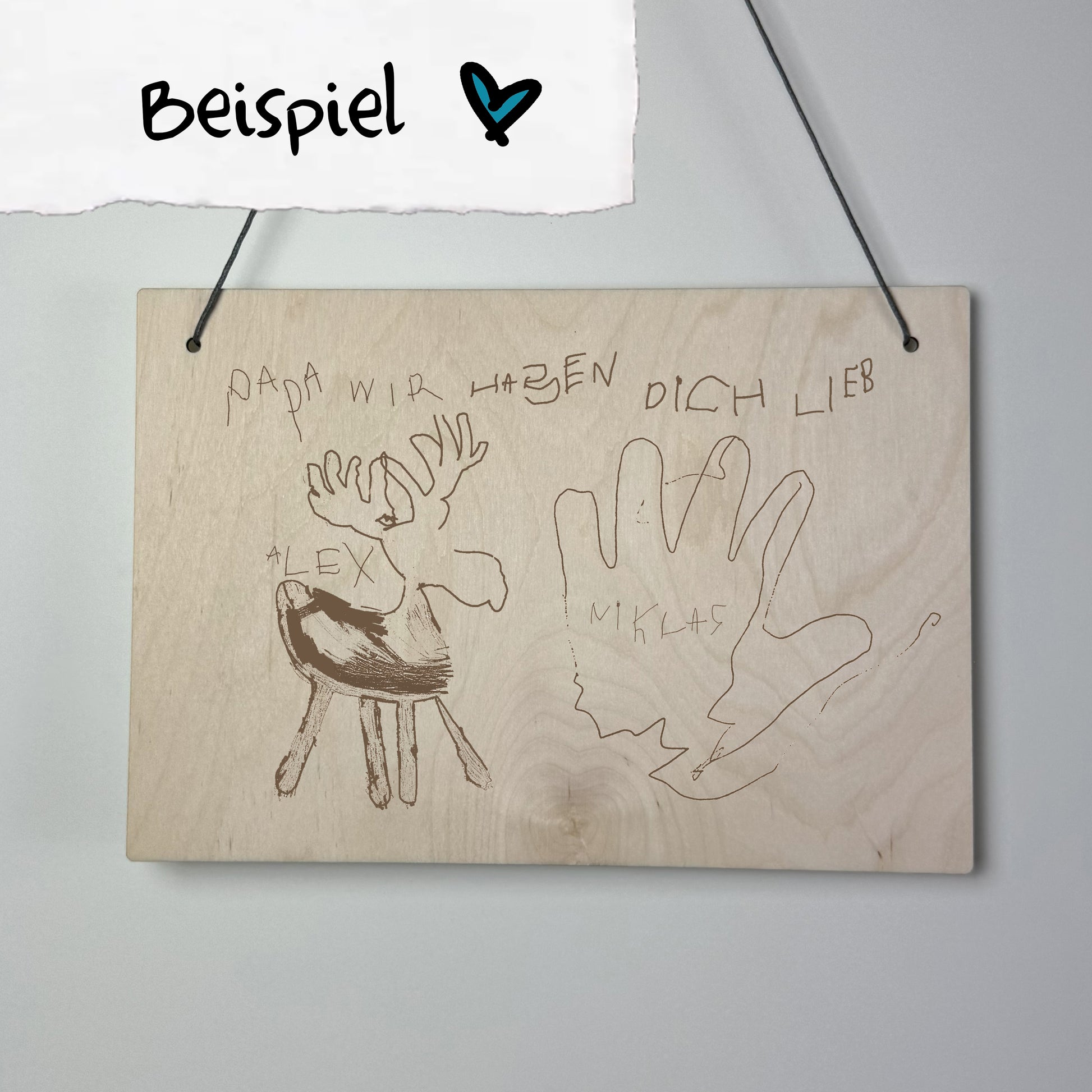 Holzschild Kinderkunstwerk Querformat- Kinderzeichnung im Original graviert - Deisterwerke
