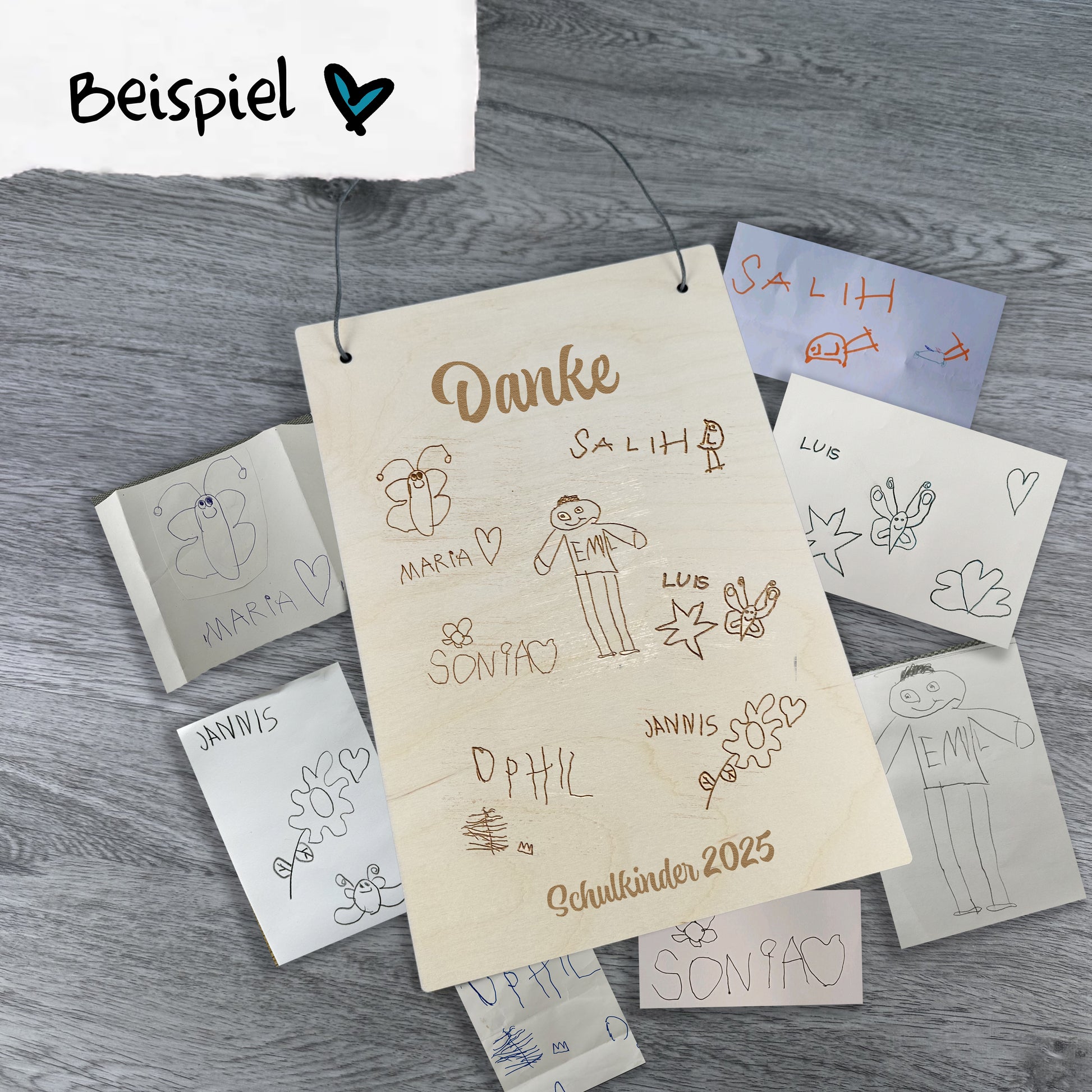 Holzschild Kinderkunstwerk Hochformat - Kinderzeichnung im Original graviert - Deisterwerke