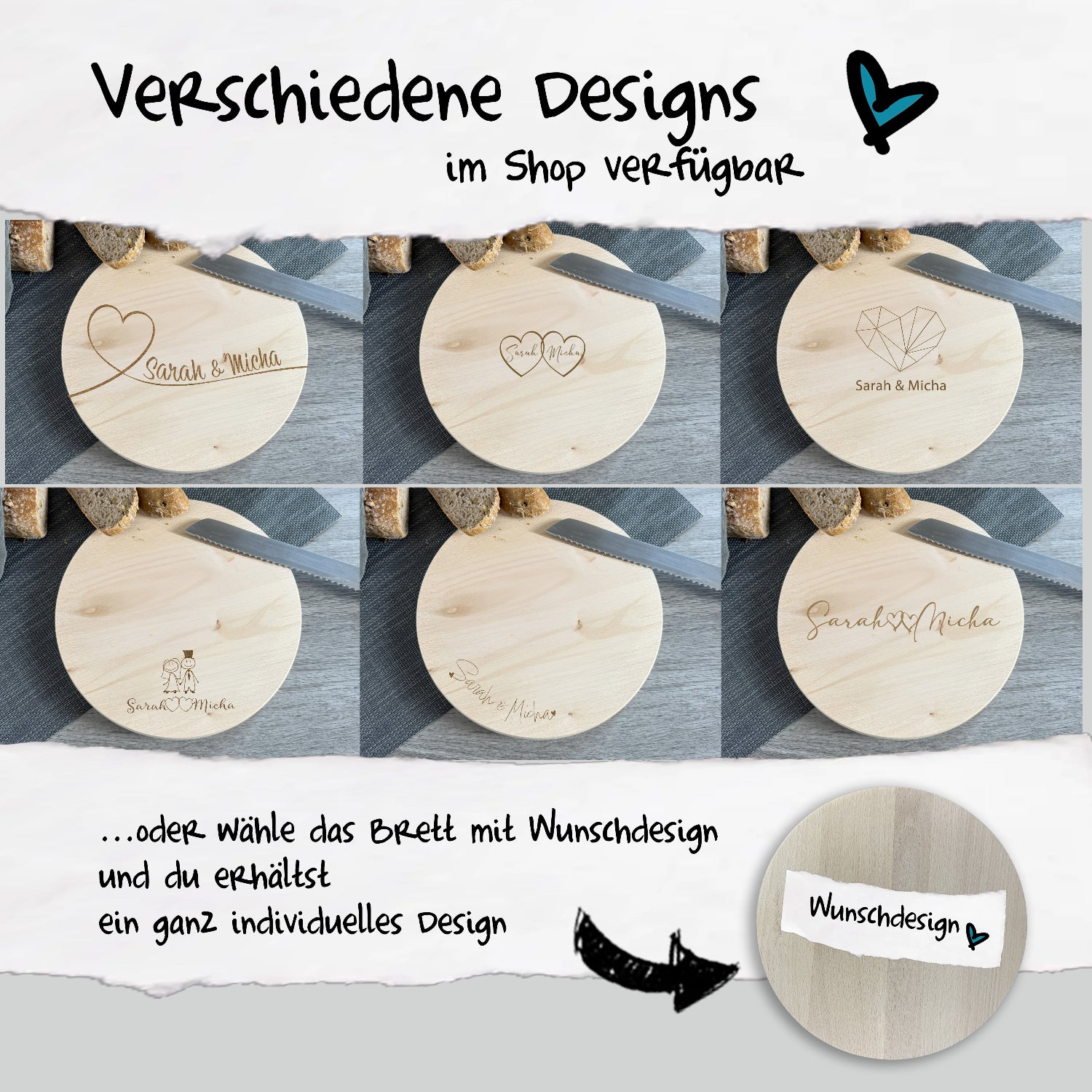 Individuell graviertes Holzbrett mit Namen für Paare – Geschenkidee zur Hochzeit, Jahrestag, Valentinstag - verschiedene Designs