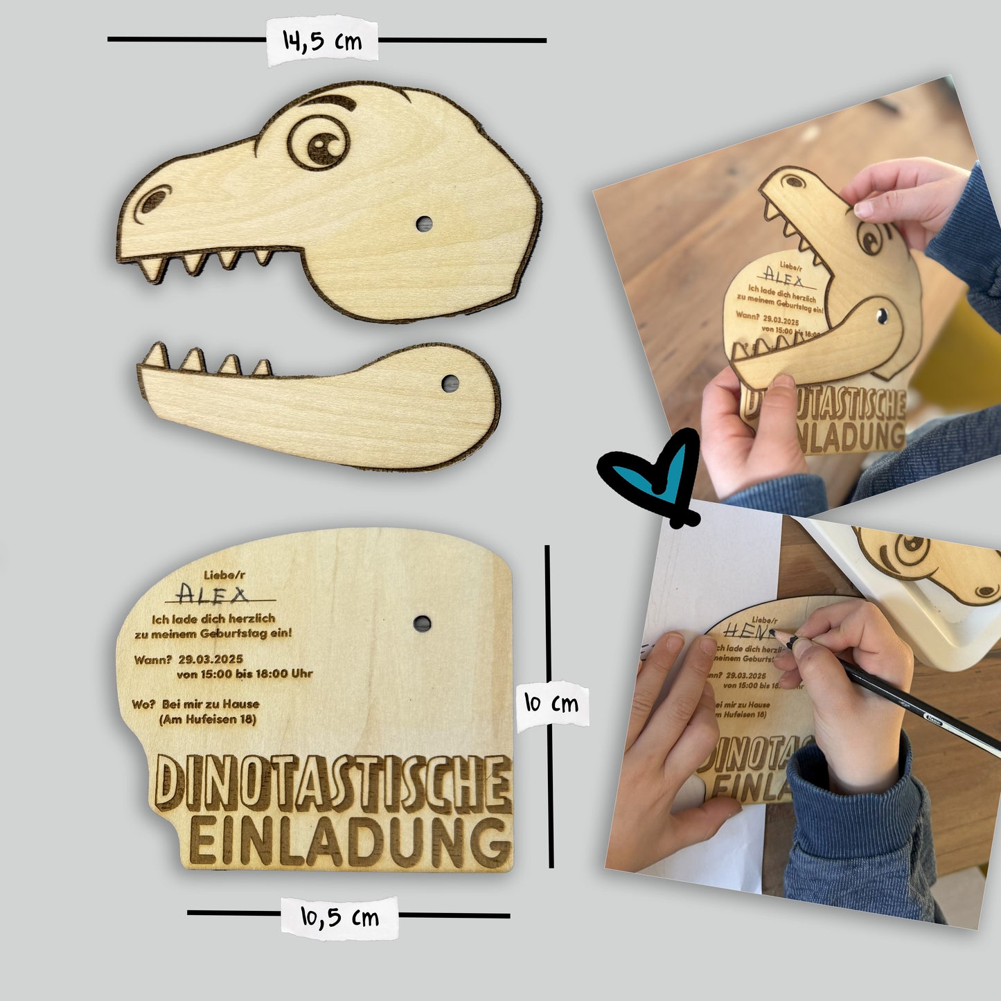 Einladungskarte Dino - aus Holz, individuell, besonders