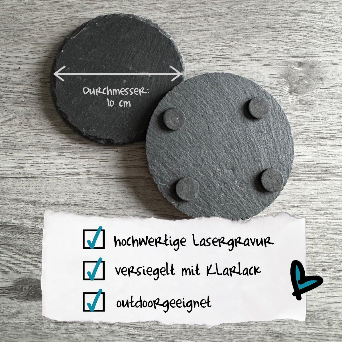 runde Schieferuntersetzer von Deisterwerke - hochwertige Lasergravur, versiegelt mit Klarlack, outdoorgeeignet