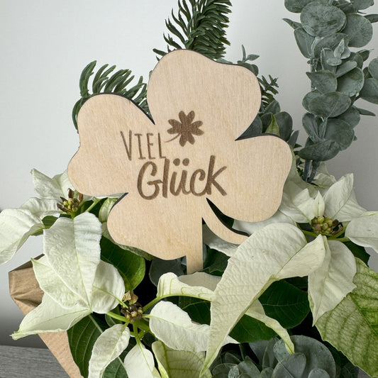 Blumenstecker aus Holz in Kleeblattform mit Gravur "Viel Glück" - Glück wünschen, Geschenk