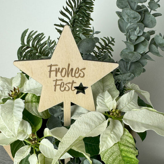 Dekorationsbeispiel - Blumenstecker in Sternenform mit Gravur "Frohes Fest"