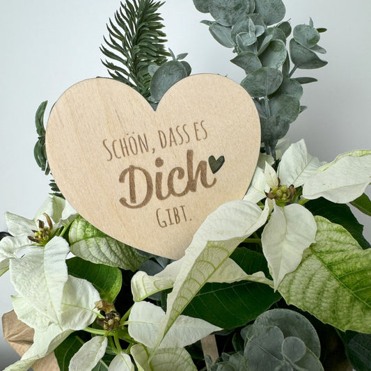 Blumenstecker aus Holz in Herzform mit Gravur Schön, dass es dich gibt - ideal als Geschenk und Dekoration von Blumensträußen, Topfblumen, Pflanzen oder Präsentkörben, Geschenkkisten