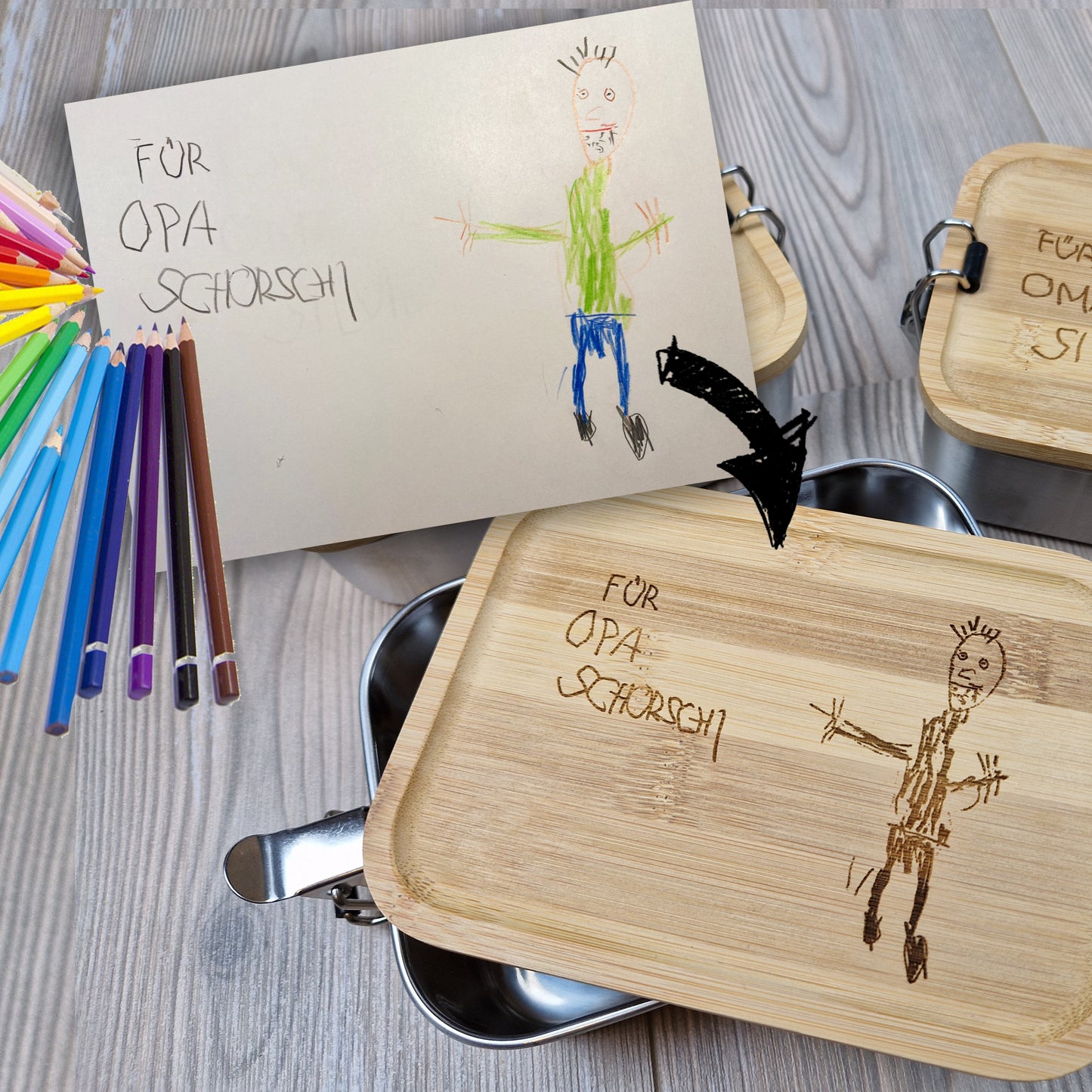 Brotdose personalisiert, Original Kinderzeichnung gravieren, Kinderkunstwerk, Kinder malen, Zeichnung verewigen, besonderes Geschenk, Titelbild