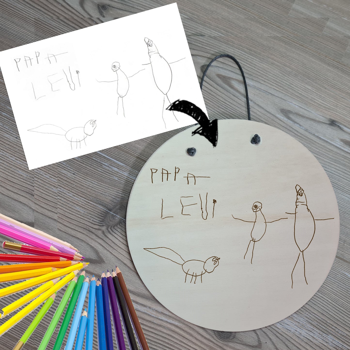 Holzschild Kinderkunstwerk, D: 20 cm - Kinderzeichnung im Original graviert - Deisterwerke