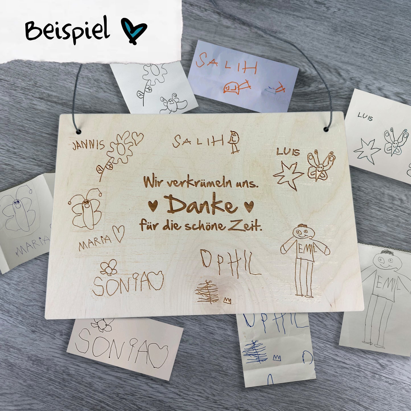 Holzschild Kinderkunstwerk Querformat- Kinderzeichnung im Original graviert - Deisterwerke