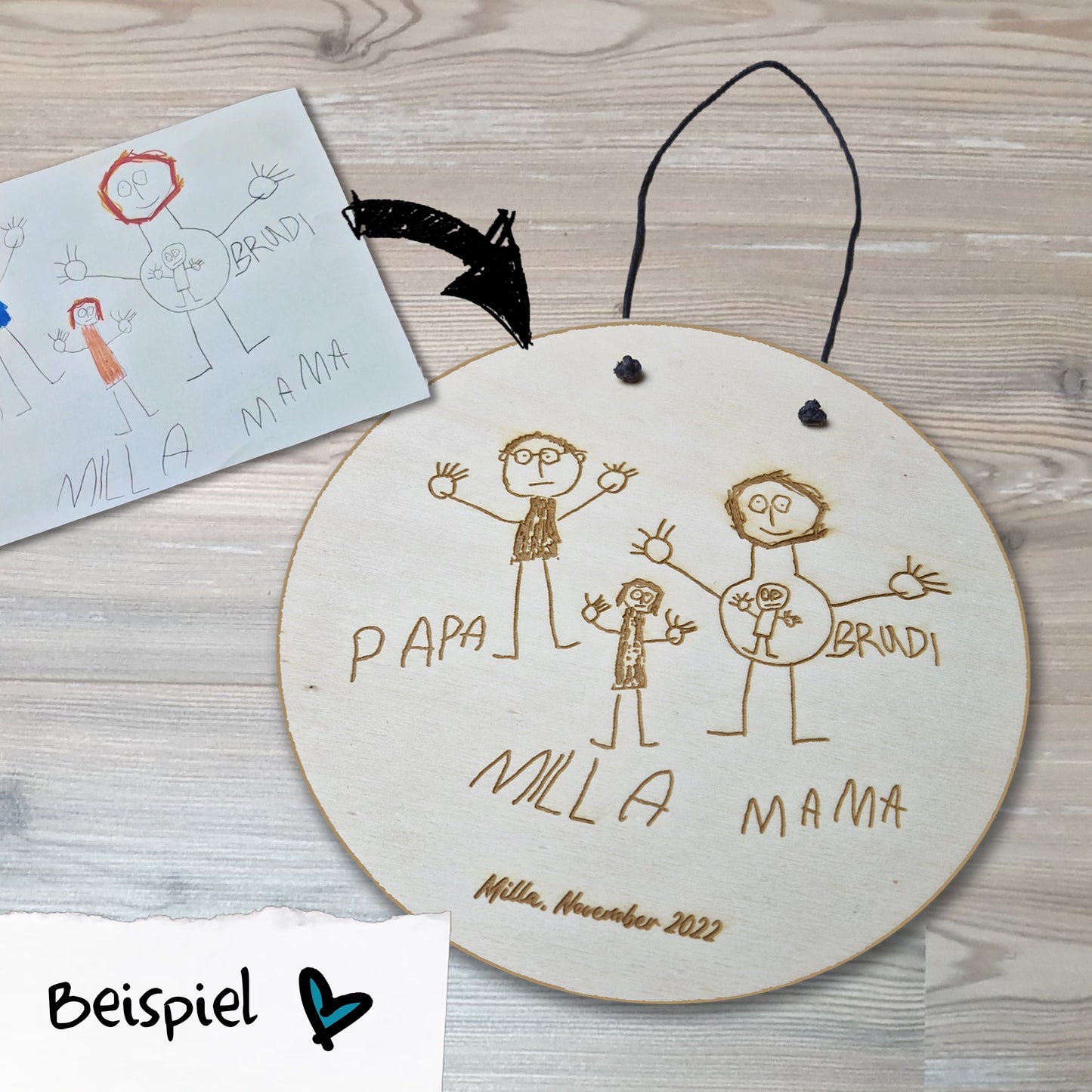 Holzschild Kinderkunstwerk, D: 20 cm - Kinderzeichnung im Original graviert - Deisterwerke