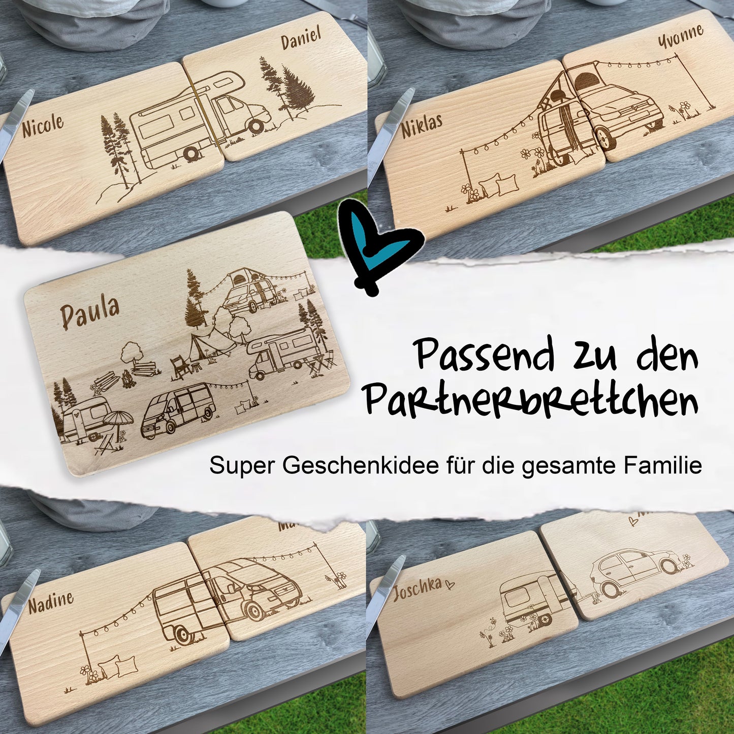 Brettchen Camper Wimmelbild - Campingplatz, mit Name personalisiert - Van, Wohnwagen, Wohnmobil, Zelt, Dachzelt - Deisterwerke