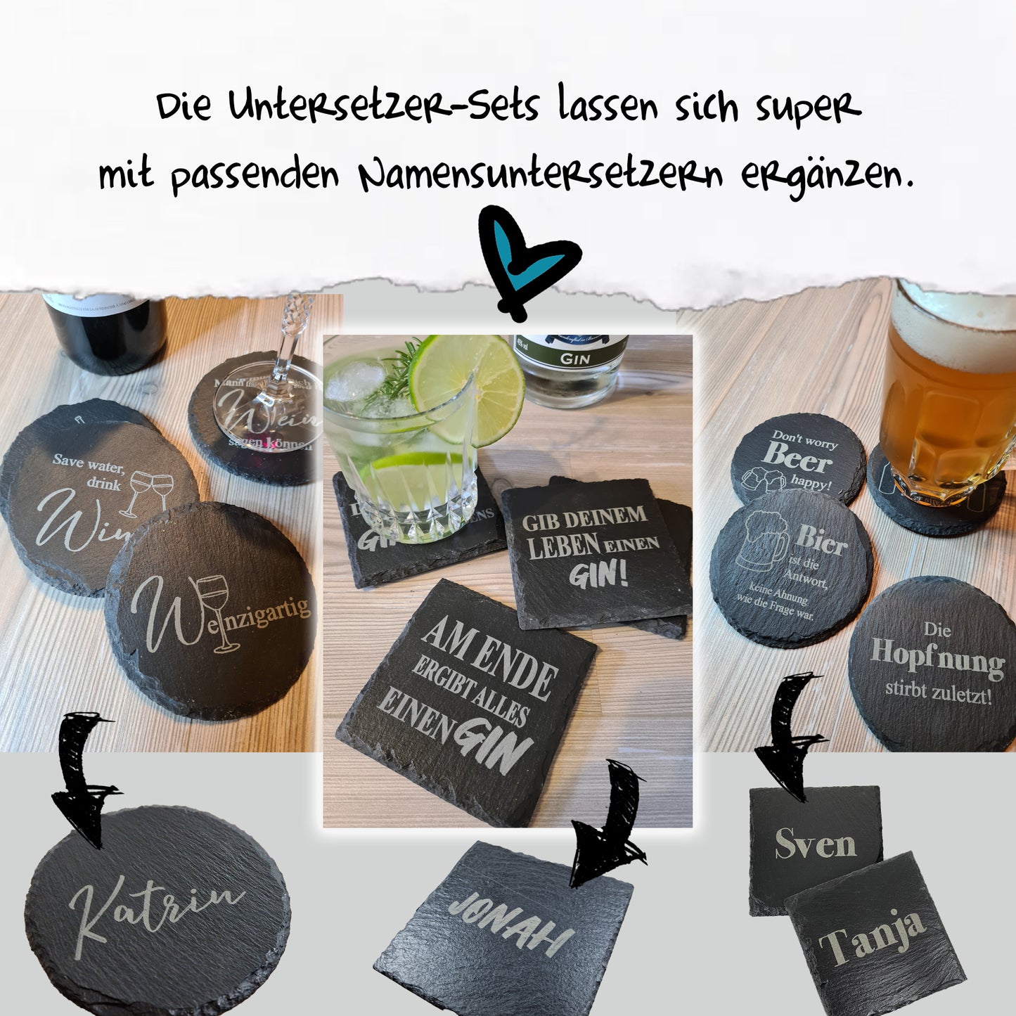 4er Set Schieferuntersetzer zum Thema Wein lustige Sprüche Geschenkidee Präsentkorb Gutschein für Weinprobe Geschenkidee für Weinliebhaber ergänze sie mit passenden Namensuntersetzern