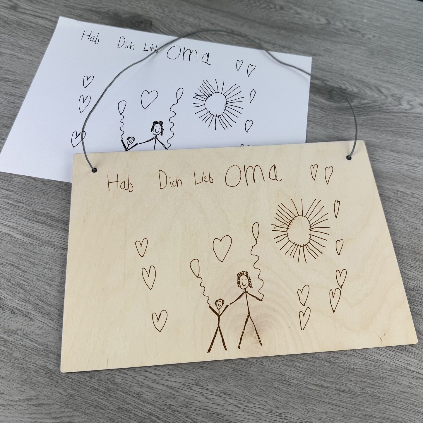 Holzschild Kinderkunstwerk Querformat- Kinderzeichnung im Original graviert - Deisterwerke