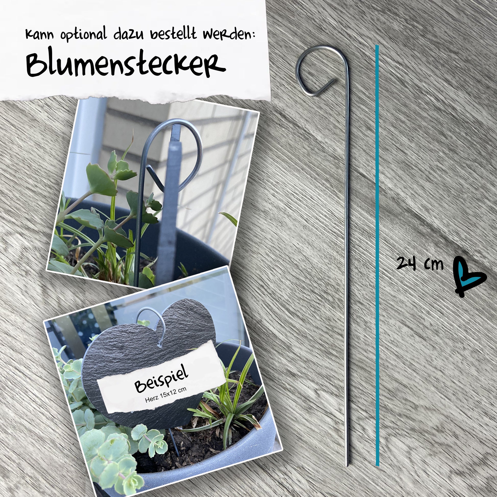 Blumenstecker, Halterung für Schieferherz, für Blumenbeete, Blumentöpfe, kann zusätzlich bestellt werden