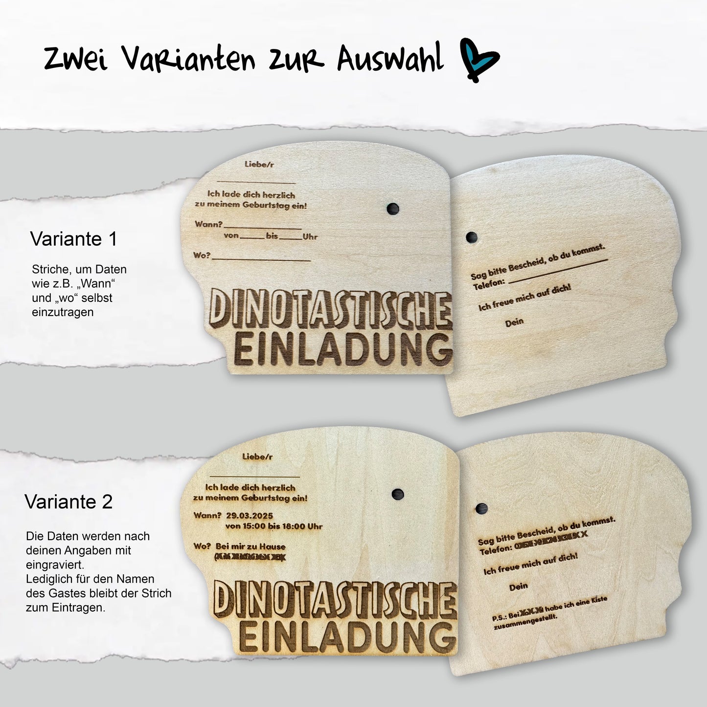 Einladungskarte Dino - aus Holz, individuell, besonders