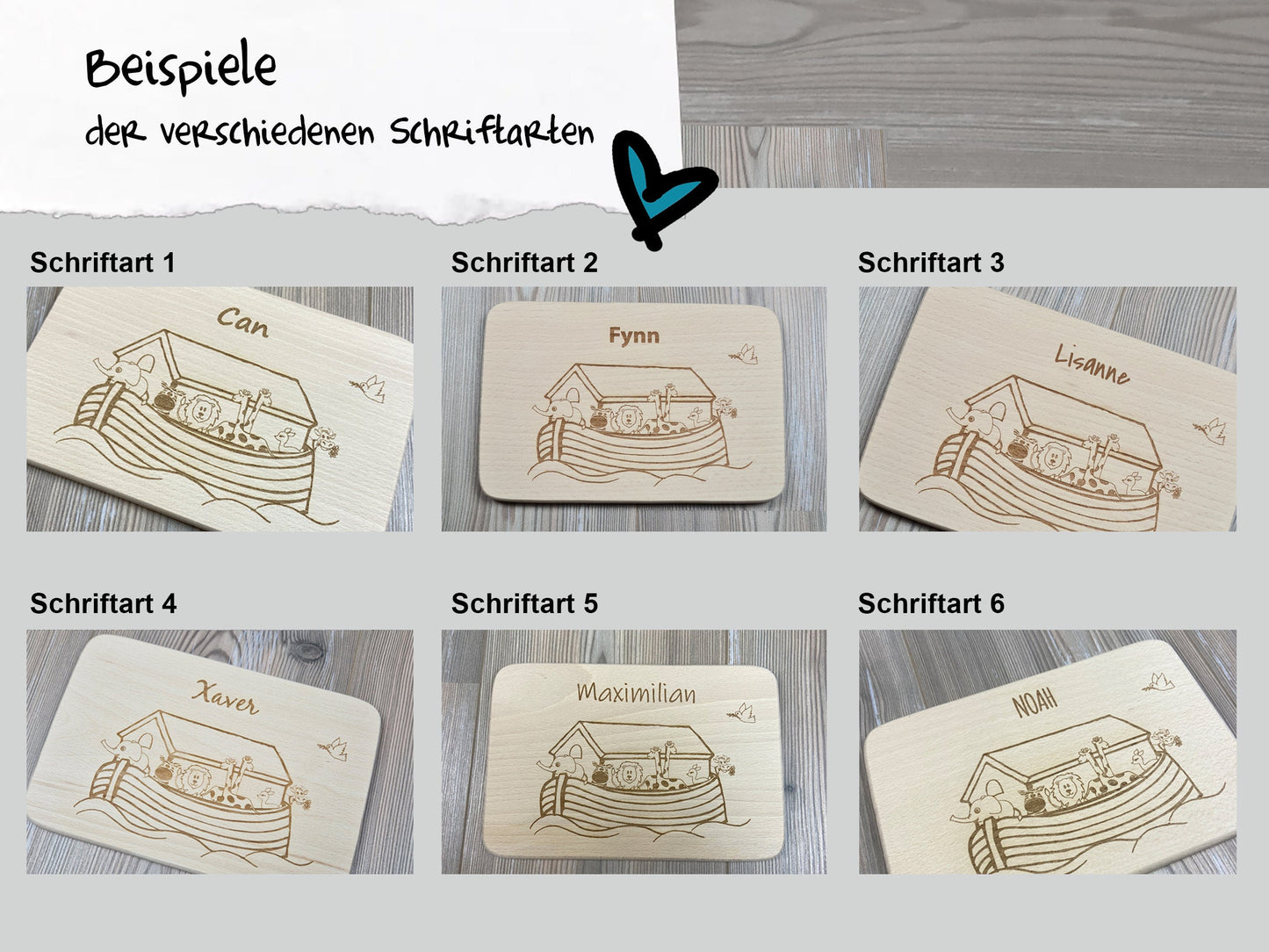 Schriftbeispiele Arche Noah Brettchen mit Motiv und Name personalisiert dank individueller Gravur christliches Geschenk zur Taufe Geschenkidee für Kinder zum Geburtstag Taufe Geburt Buchenbrett Holz verschiedene Schriftarten zur Auswahl