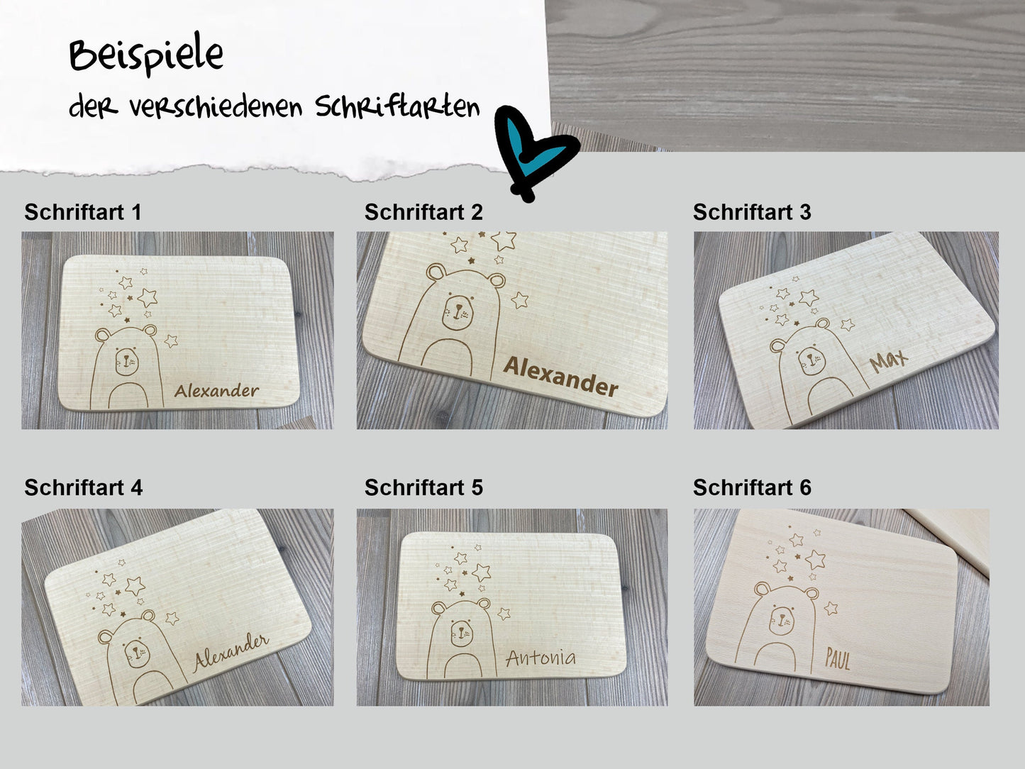 Schriftbeispiele Bär mit Sternen Brettchen mit Motiv und Name personalisiert dank individueller Gravur Braunbär Teddybär Geschenkidee für Kinder zum Geburtstag Taufe Geburt Buchenbrett Holz verschiedene Schriftarten zur Auswahl