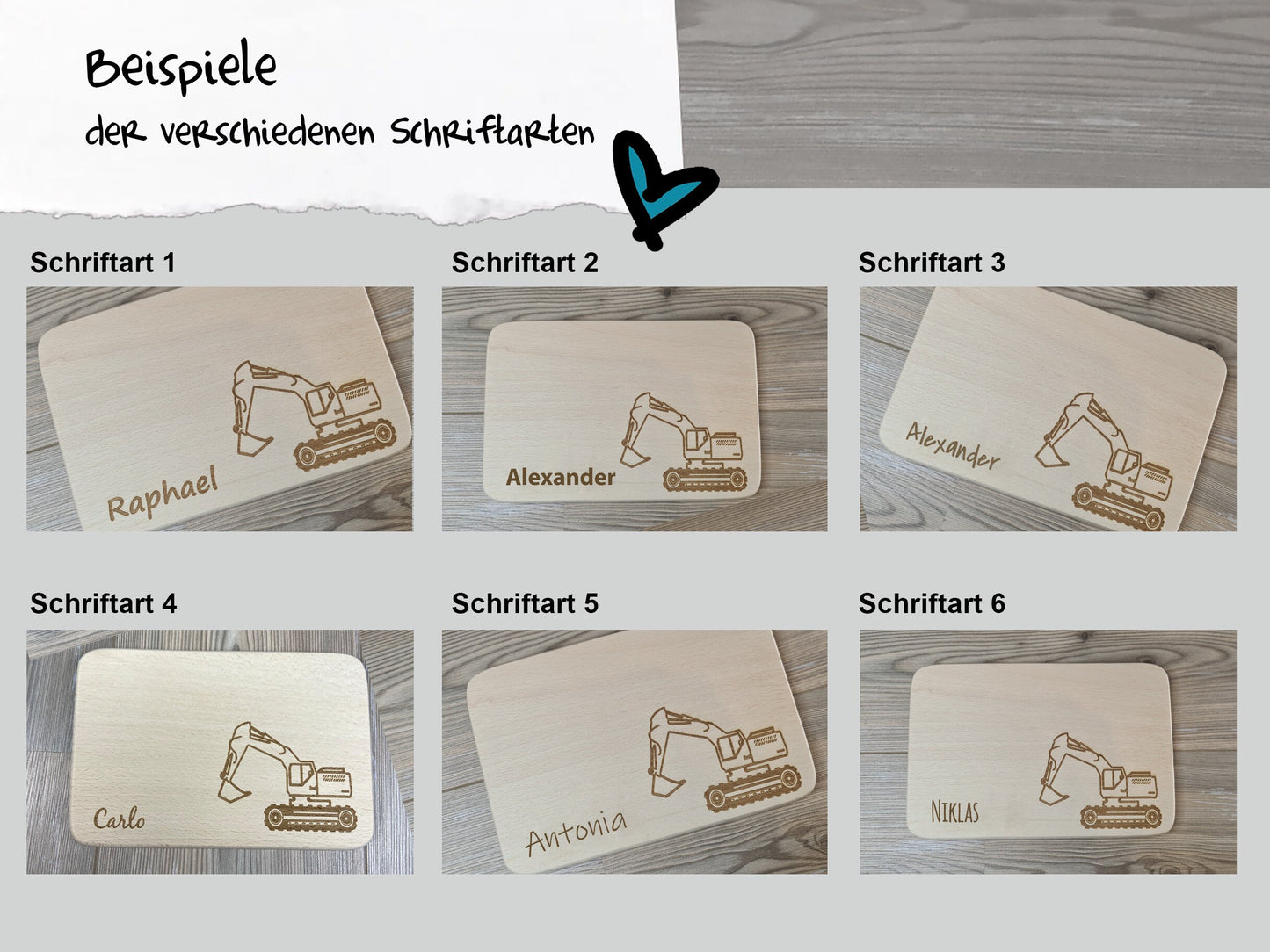 Schriftbeispiele Bagger Brettchen mit Motiv und Name personalisiert dank individueller Gravur Baustelle Baustellenfahrzeug Geschenkidee für Kinder zum Geburtstag Taufe Geburt Buchenbrett Holz verschiedene Schriftarten zur Auswahl