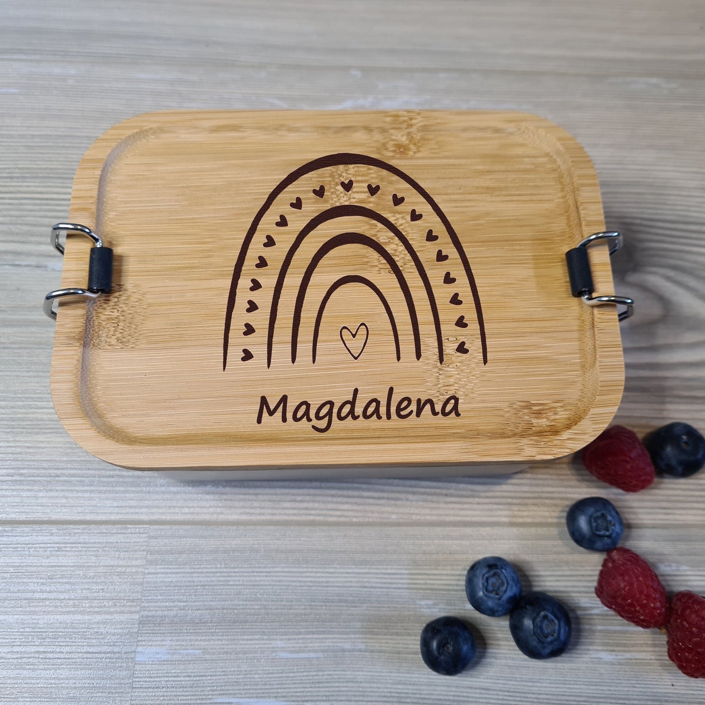 Lunchbox "Regenbogen" - mit Name personalisiert - aus Edelstahl mit Bambusdeckel - Deisterwerke