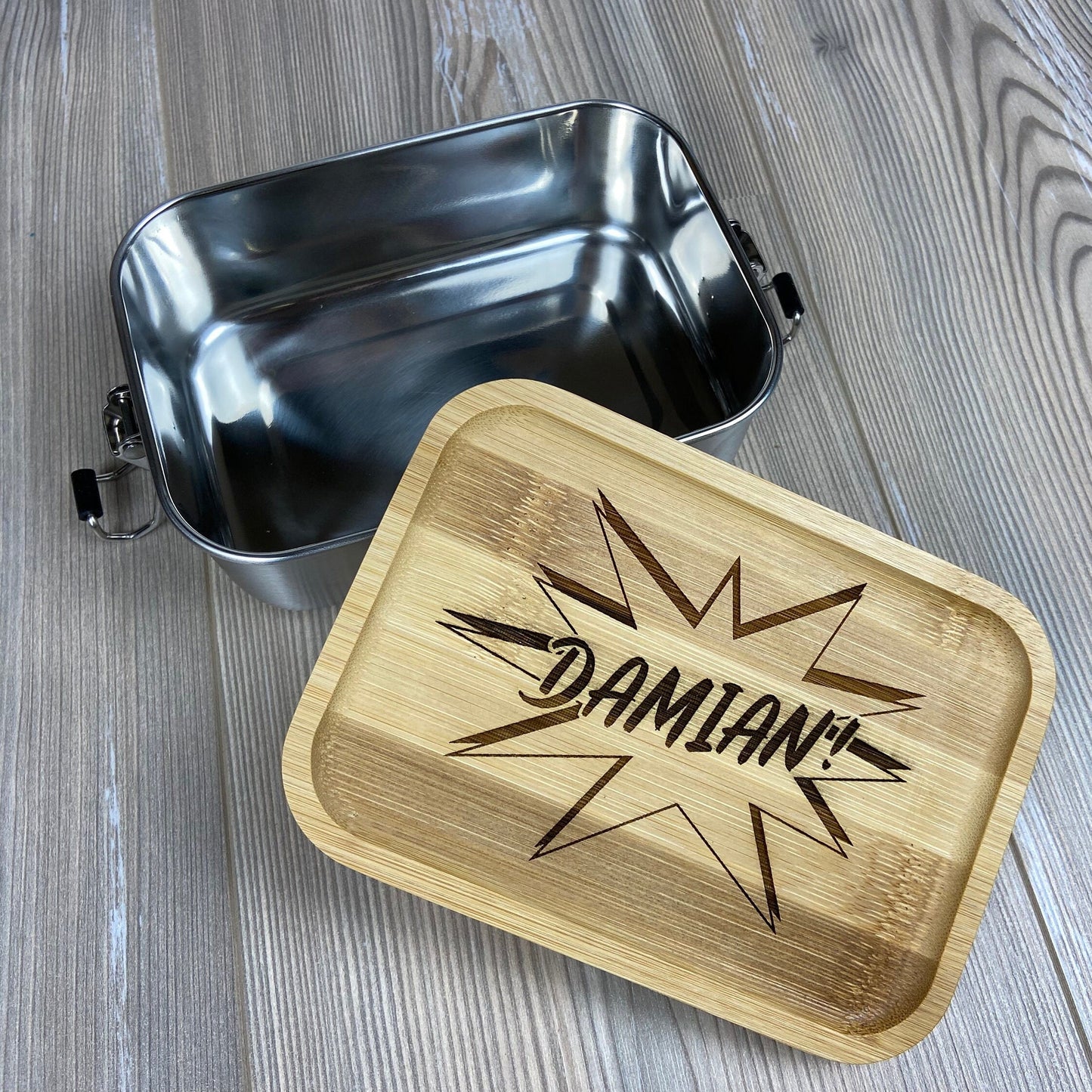 Lunchbox "Comic" - mit Name personalisiert - aus Edelstahl mit Bambusdeckel - Deisterwerke