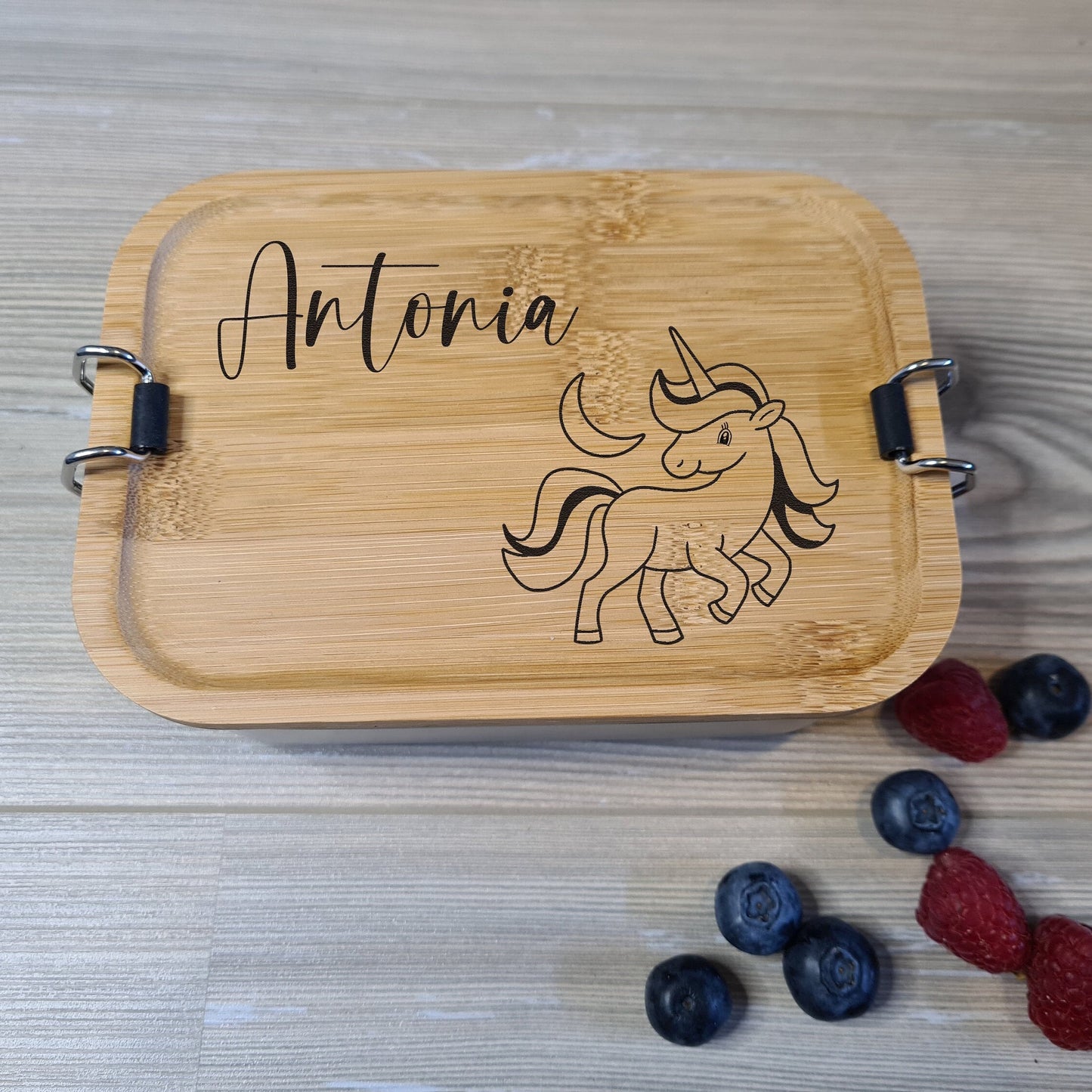 Lunchbox "Einhorn" - mit Name personalisiert - aus Edelstahl mit Bambusdeckel - Deisterwerke