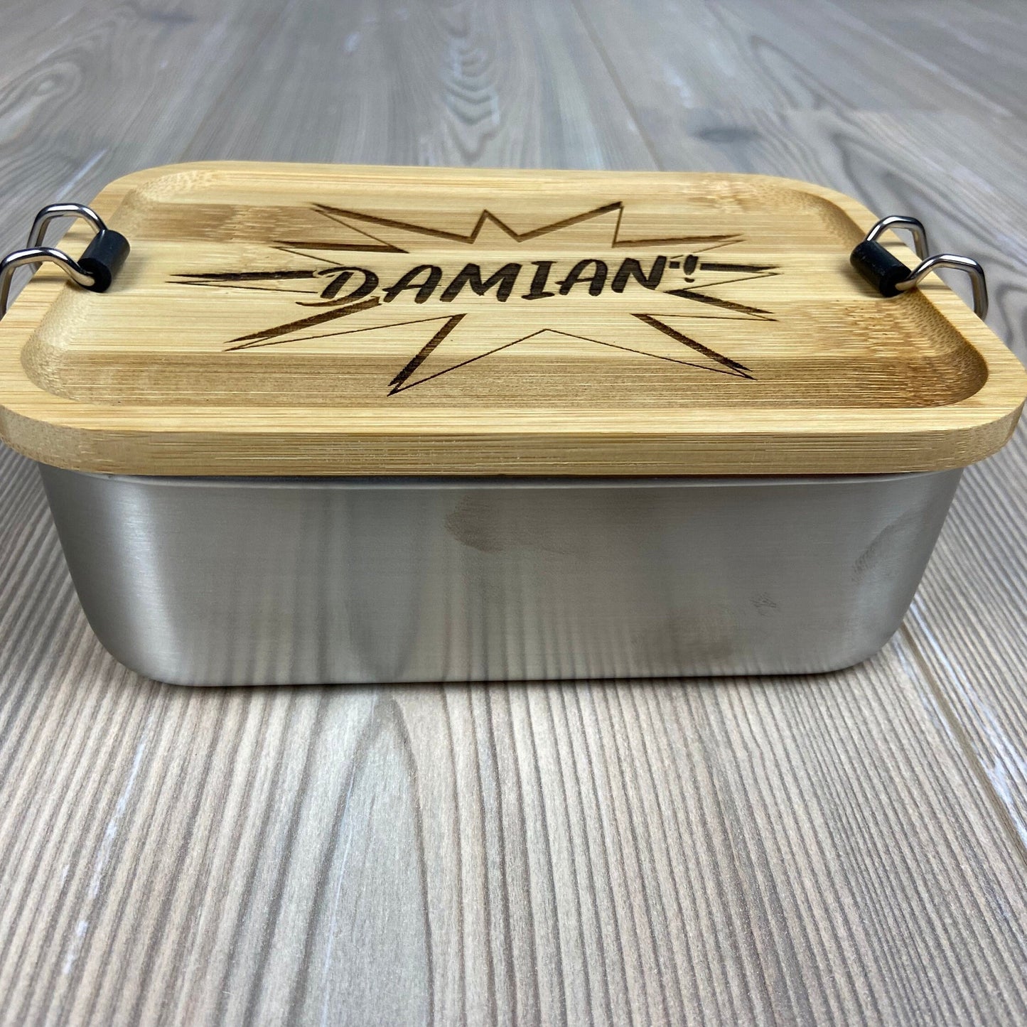 Lunchbox "Comic" - mit Name personalisiert - aus Edelstahl mit Bambusdeckel - Deisterwerke