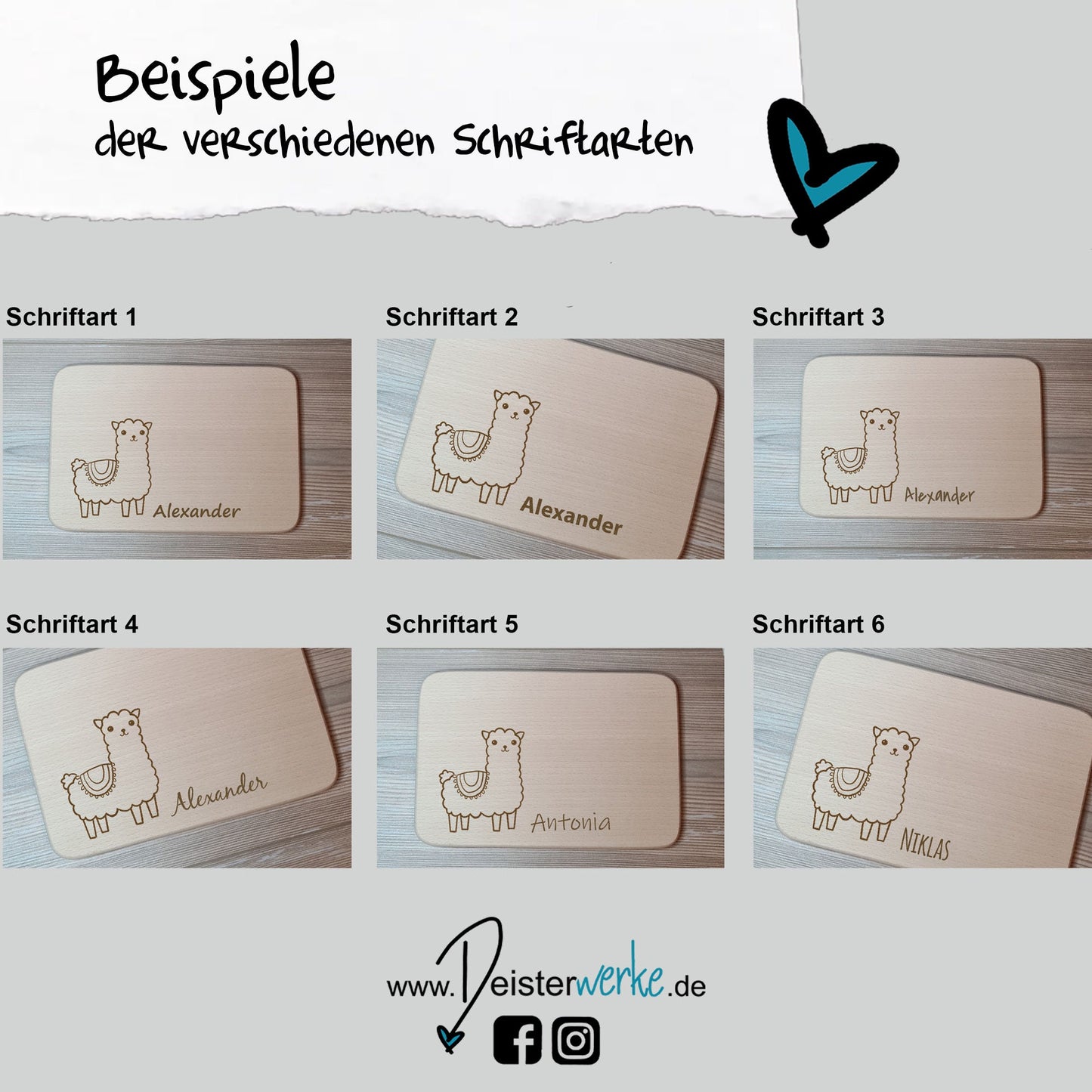 Schriftarten Beispiele Alpaka Brettchen mit Motiv und Name mit Herz in der Hand personalisiert dank individueller Gravur Affe Zootier Geschenkidee für Kinder zum Geburtstag Taufe Geburt Buchenbrett Holz verschiedene Schriftarten zur Auswahl