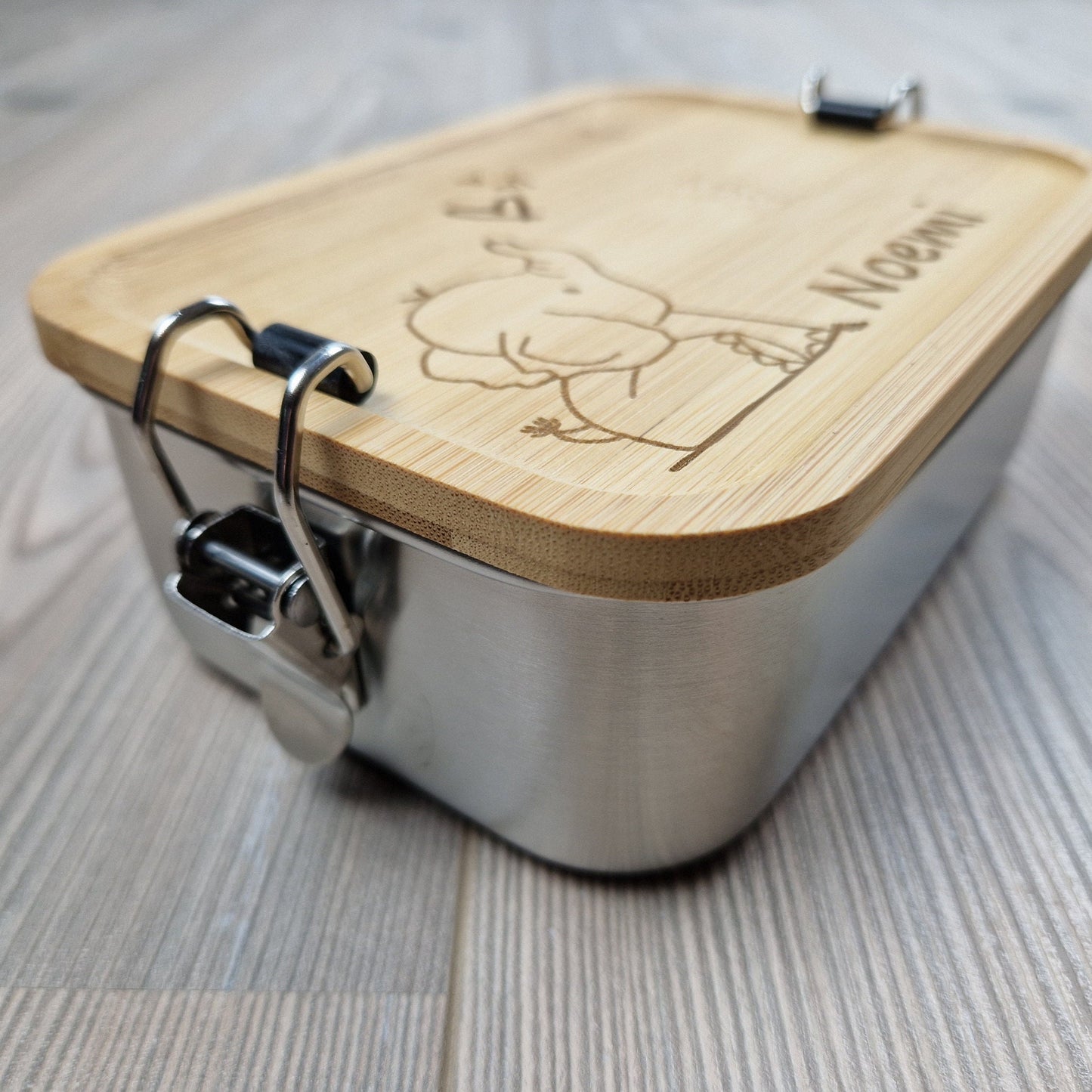 Lunchbox "Elefant" - mit Name personalisiert - aus Edelstahl mit Bambusdeckel - Deisterwerke