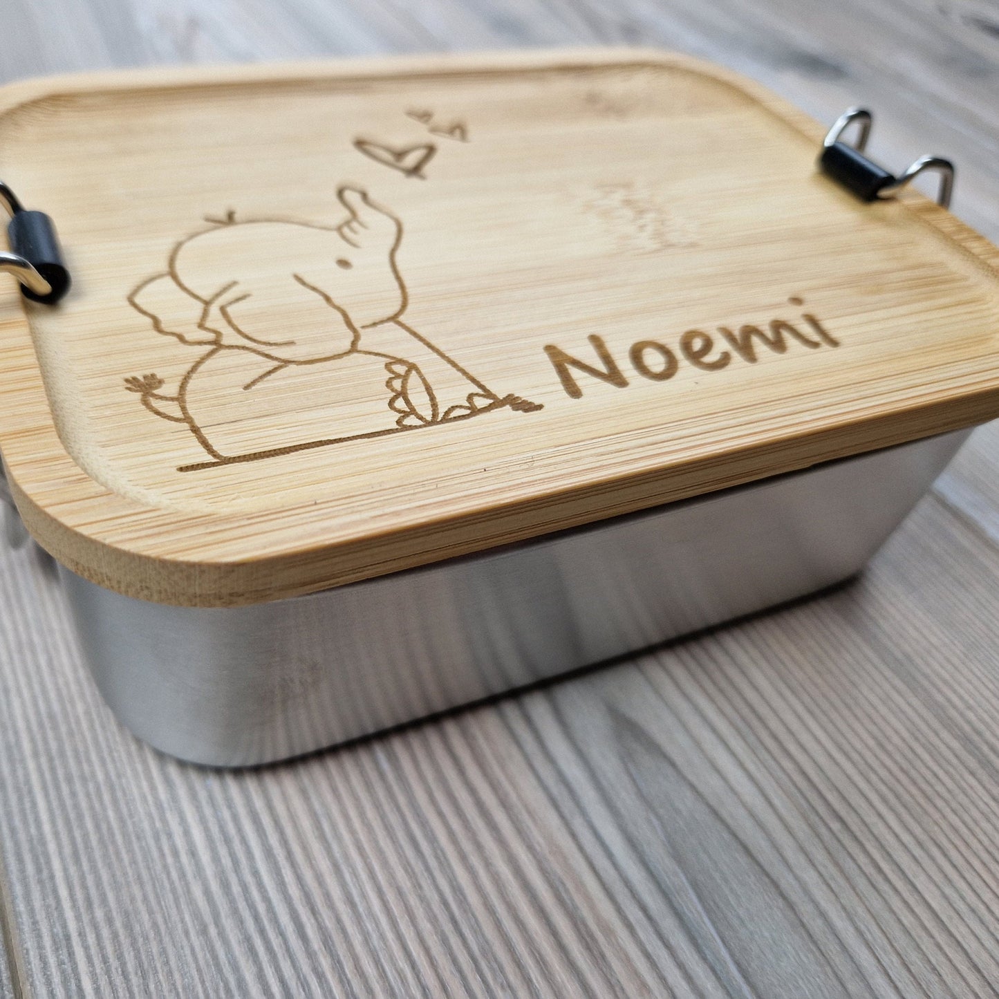 Lunchbox "Elefant" - mit Name personalisiert - aus Edelstahl mit Bambusdeckel - Deisterwerke