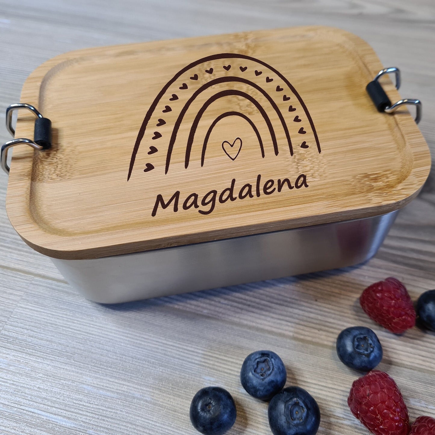 Lunchbox "Regenbogen" - mit Name personalisiert - aus Edelstahl mit Bambusdeckel - Deisterwerke