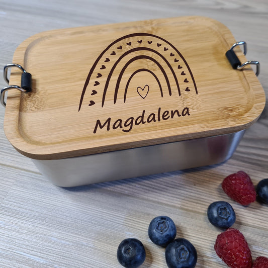 Lunchbox "Regenbogen" - mit Name personalisiert - aus Edelstahl mit Bambusdeckel - Deisterwerke