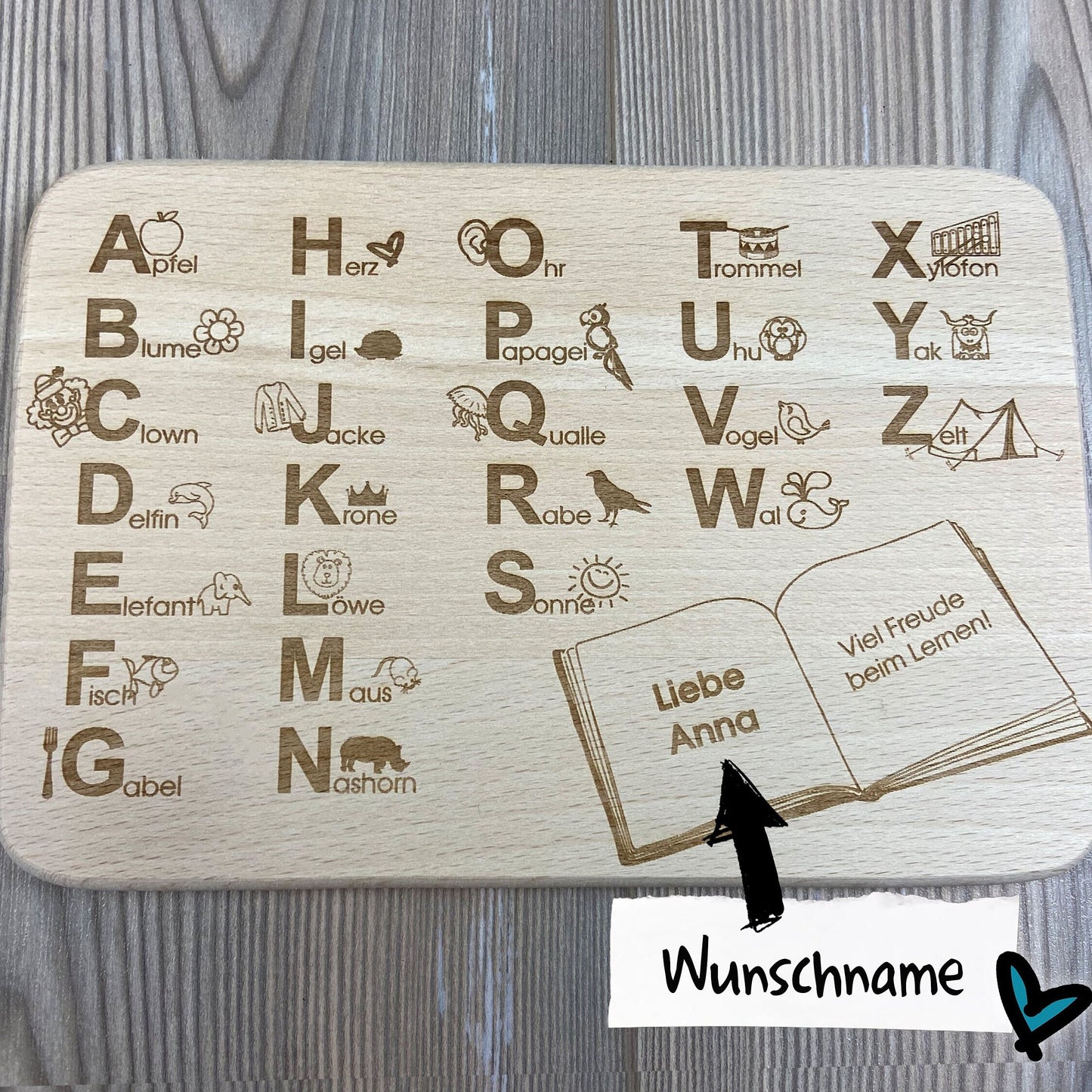 ABC Brettchen Geschenkidee zur Einschulung Schulanfang für Erstklässler Vorschule Vorschulkinder lernen spielerisch das Alphabet zu jedem Buchstaben gibt es ein Wort mit Motiv personalisiert mit Name