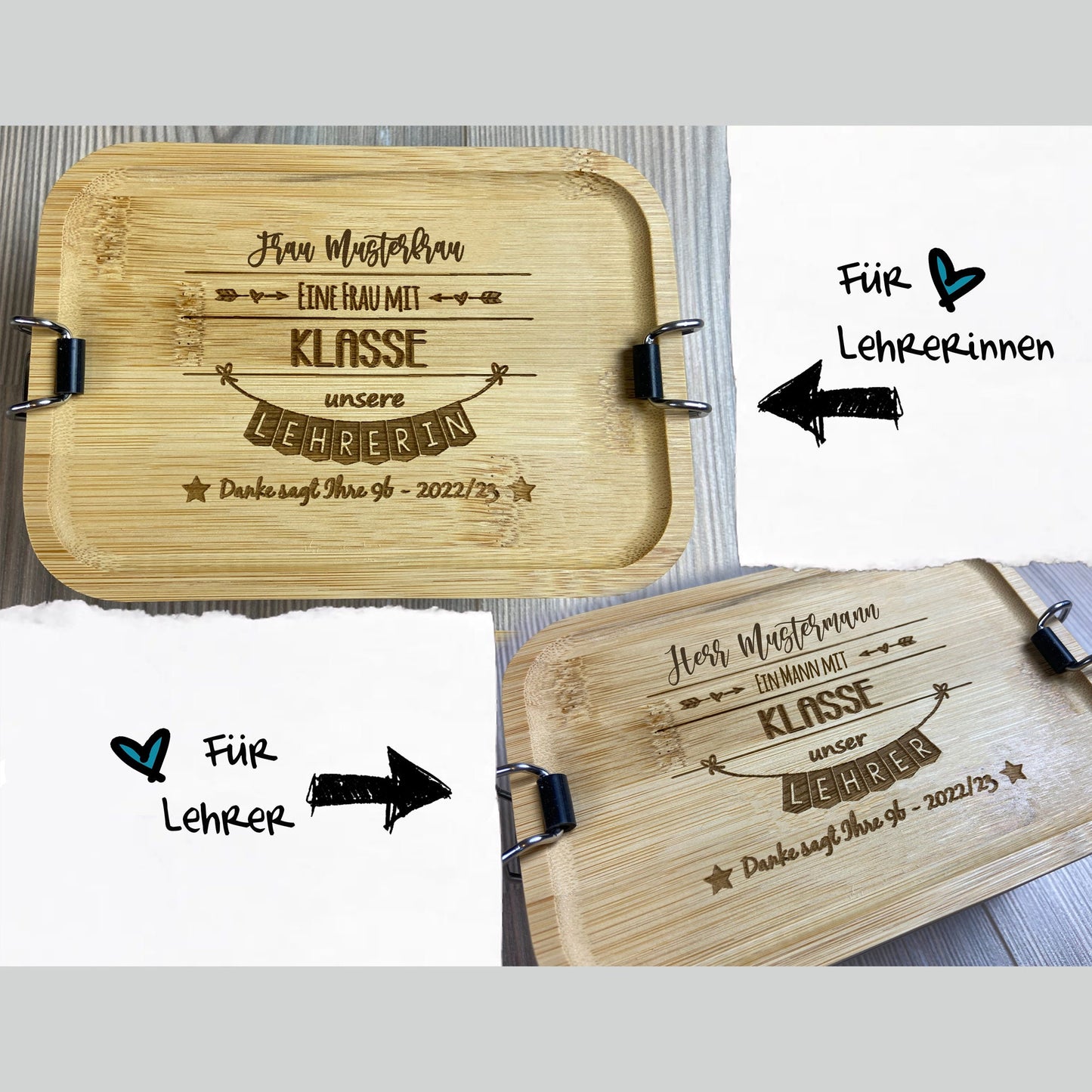 Geschenk für Lehrer/Lehrerin - Lunchbox aus Edelstahl mit Bambusdeckel personalisiert mit Name und Klasse - Deisterwerke