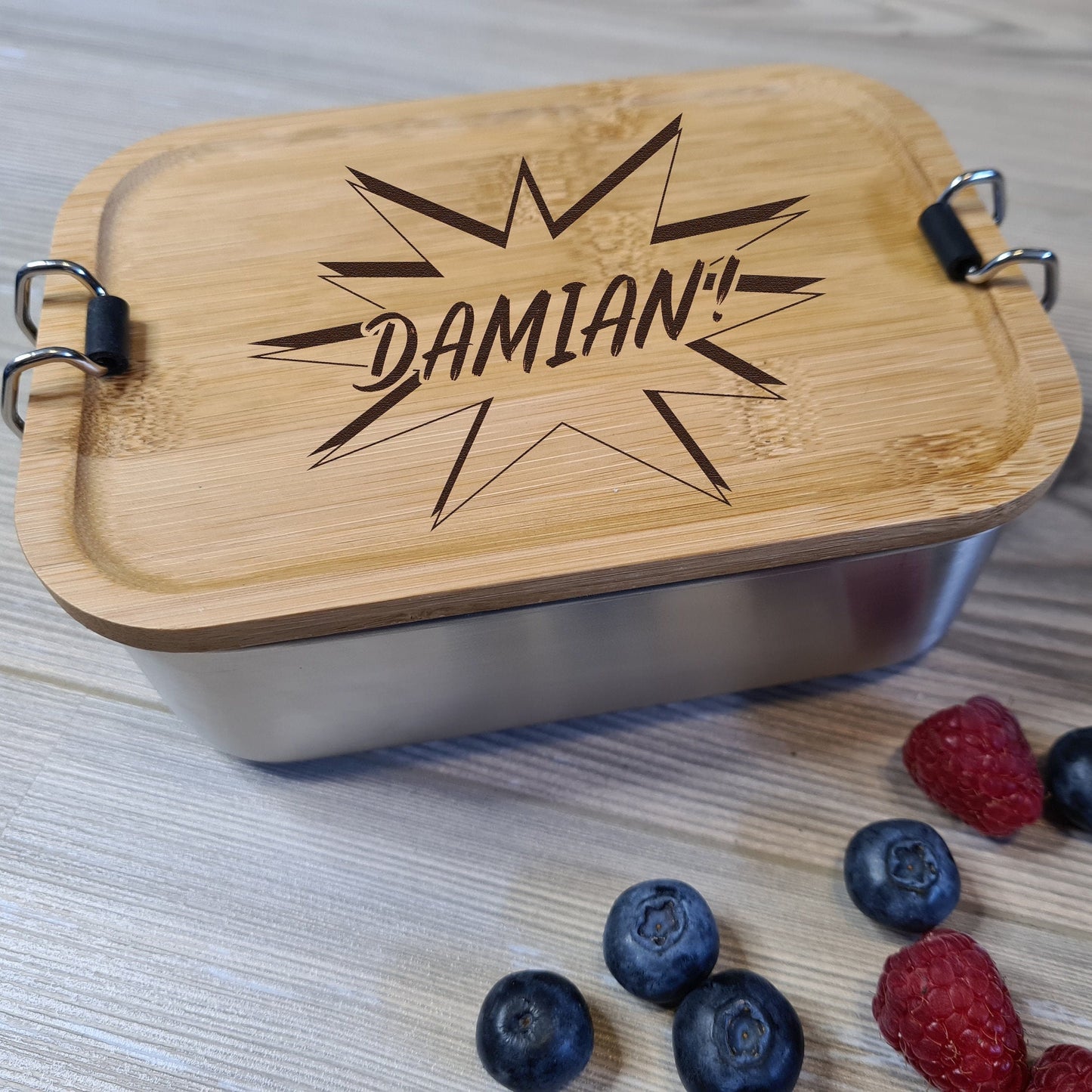 Lunchbox "Comic" - mit Name personalisiert - aus Edelstahl mit Bambusdeckel - Deisterwerke