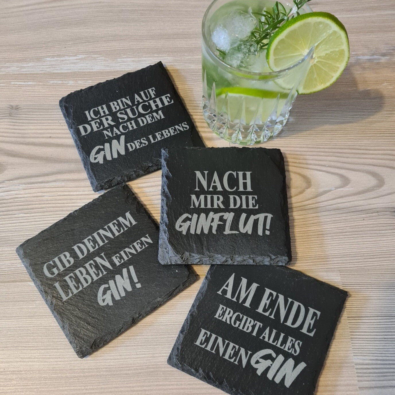 4er-Set - Untersetzer Schiefer - Gin-Sprüche - Deisterwerke