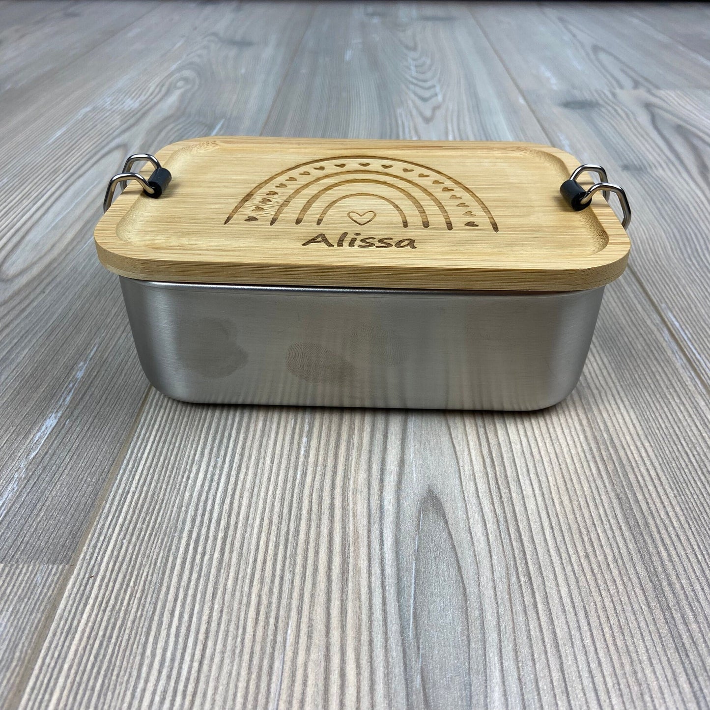Lunchbox "Regenbogen" - mit Name personalisiert - aus Edelstahl mit Bambusdeckel - Deisterwerke