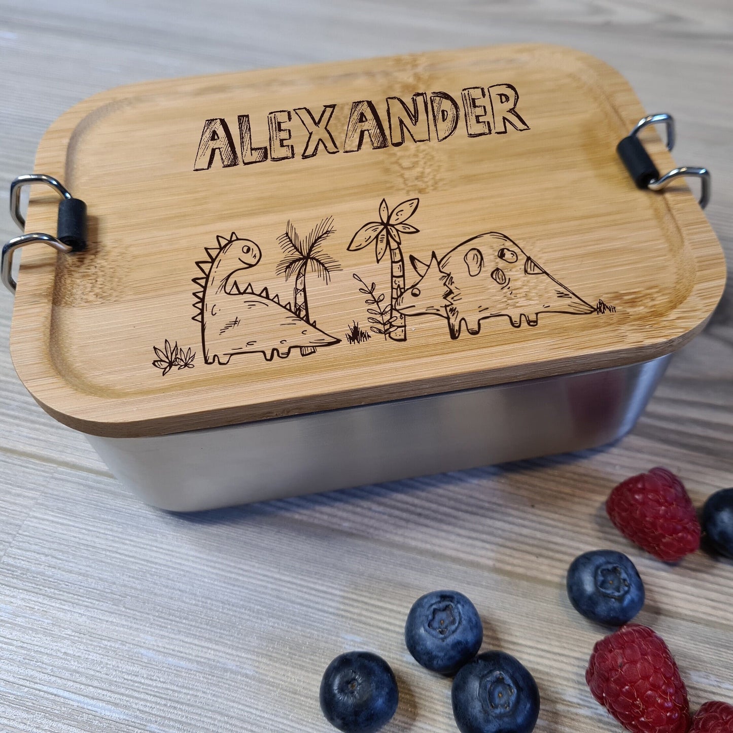 Lunchbox "Dinosaurier" - mit Name personalisiert - aus Edelstahl mit Bambusdeckel - Deisterwerke