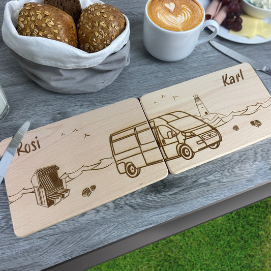Partnerbrettchen 2er-Set Camper Van & Meer – personalisierte Frühstücksbrettchen mit Namen
