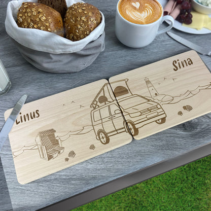Partnerbrettchen 2er-Set Camper Van Dachzelt am Meer - für echte Campingfans - personalisiert mit Namen