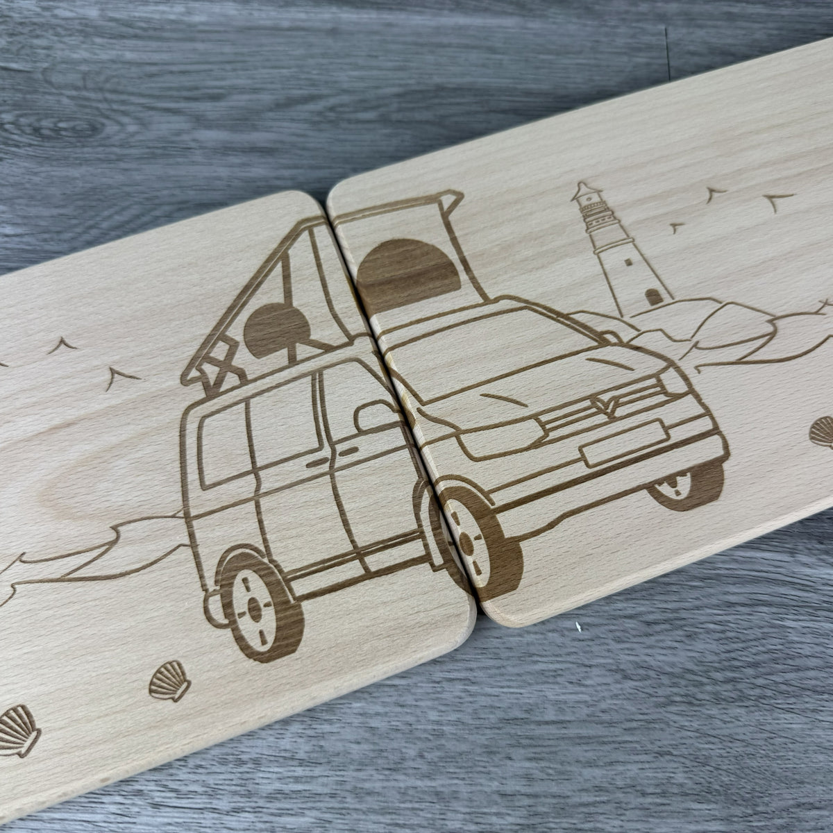 Partnerbrettchen 2er-Set Camper Van Dachzelt am Meer - für echte Campingfans - personalisiert mit Namen