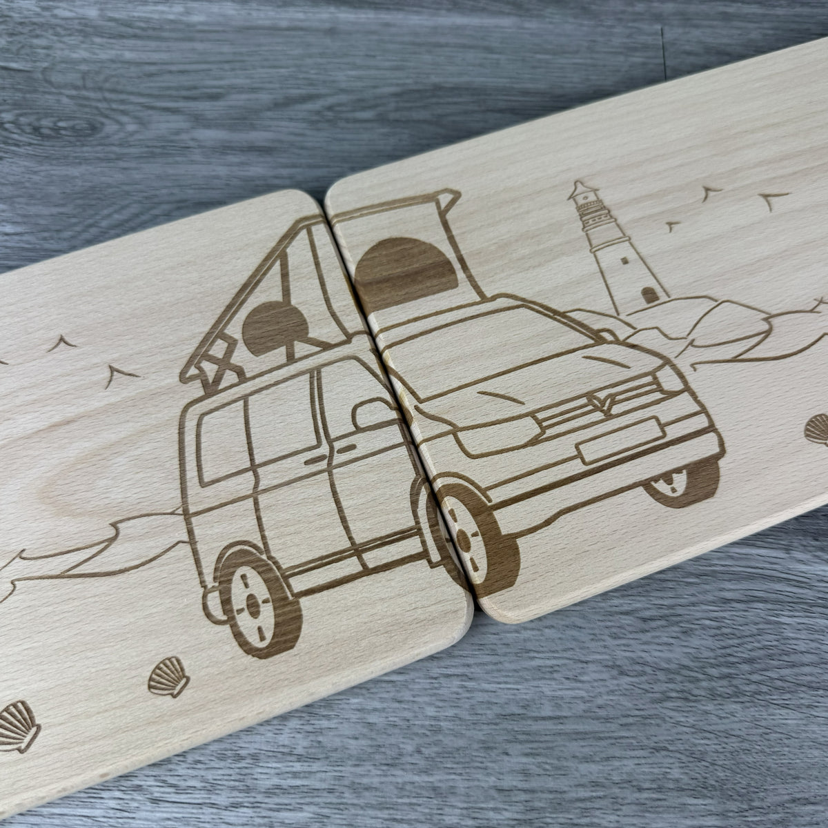 Partnerbrettchen 2er-Set Camper Van Dachzelt am Meer - für echte Campingfans - personalisiert mit Namen