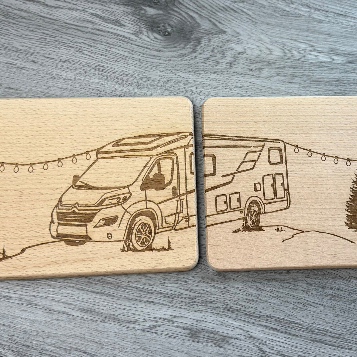 Detailansicht Wohnmobil auf Partnerbrettchen, graviert auf Holzbrettchen