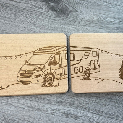 Detailansicht Wohnmobil auf Partnerbrettchen, graviert auf Holzbrettchen