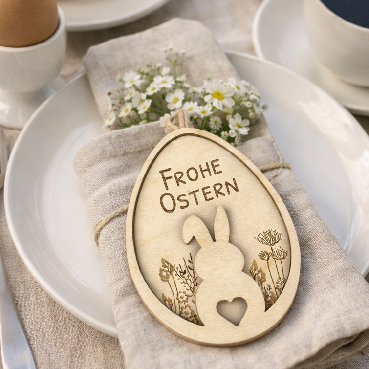 Dekobeispiel Platzteller - Osteranhänger Hase auf Blumenwiese, mit Name personalisiert oder mit dem Text Frohe Ostern Gravur aus Holz, Lasergravur